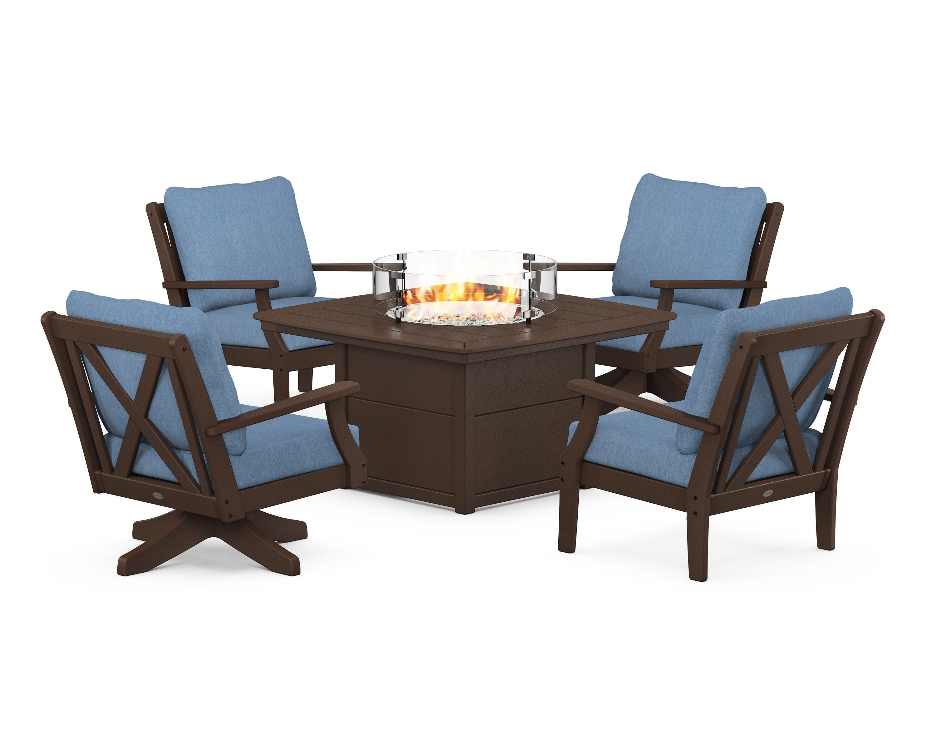 Braxton 5-Piece Deep Seating Set with Fire Table in Mahogany / Sky Blue