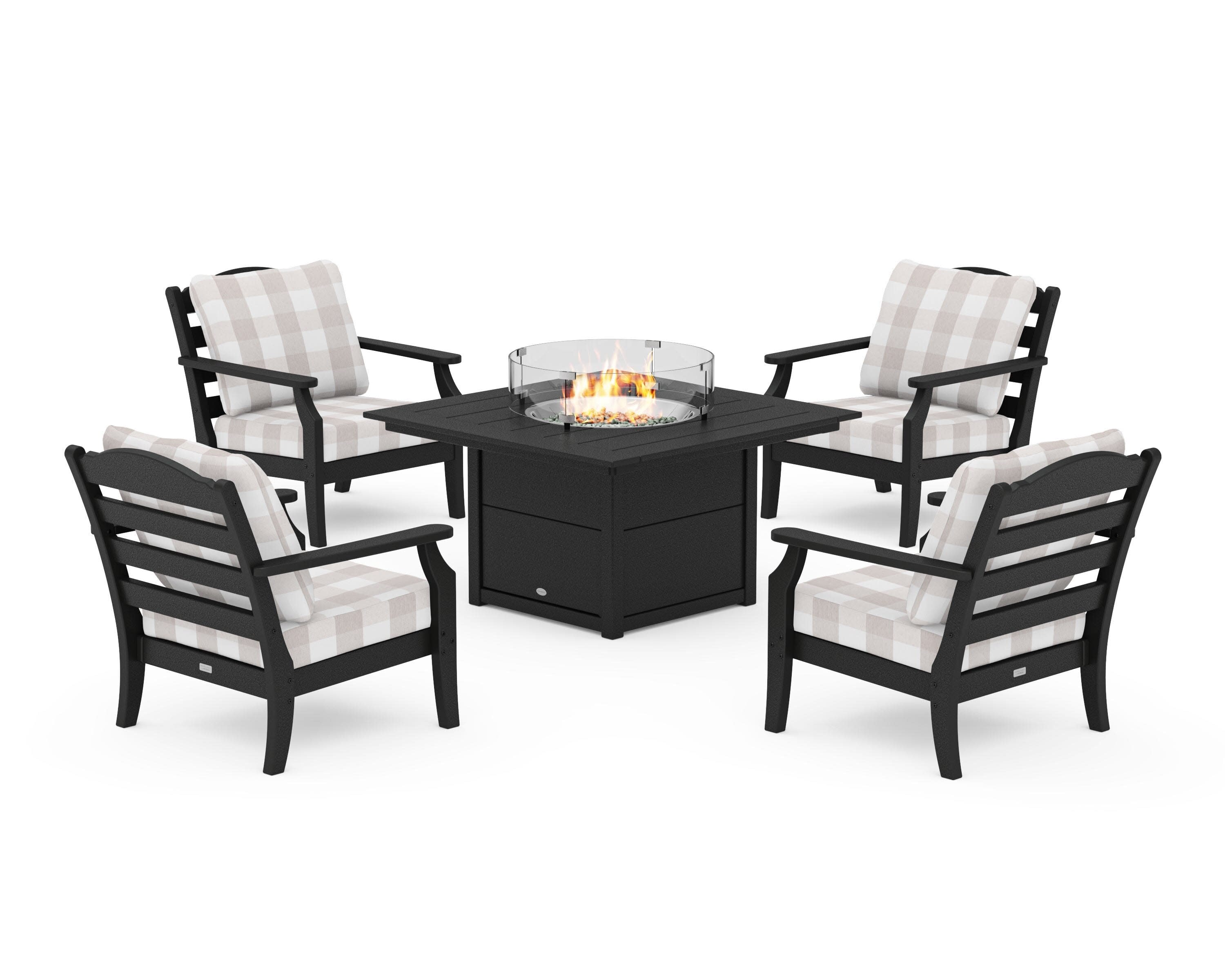 Savannah 5-Piece Deep Seating Set with Fire Pit Table in Black / Buffalo Plaid Dune Burlap