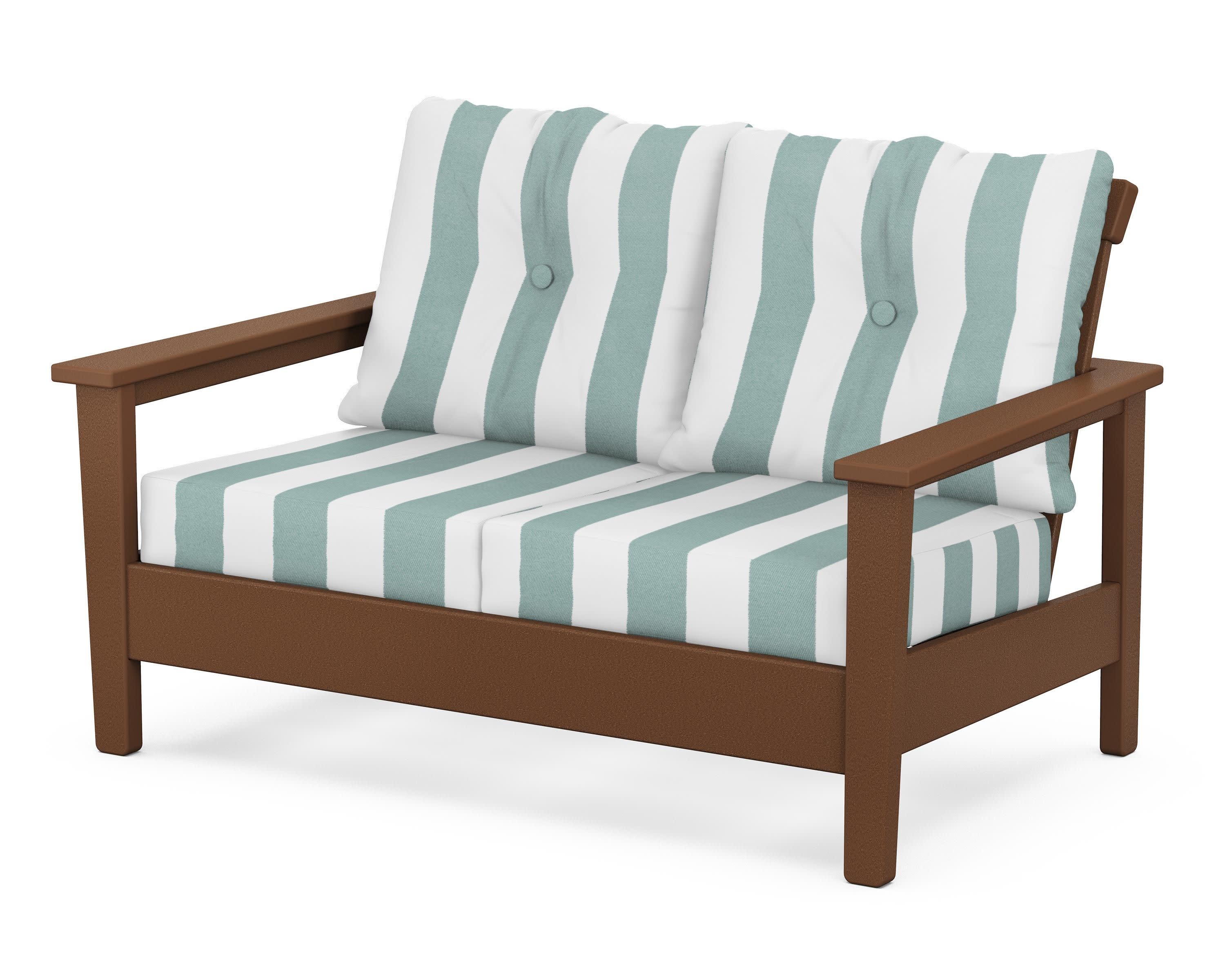 Prescott Deep Seating Loveseat in Teak / Cabana Stripe Glacier Spa