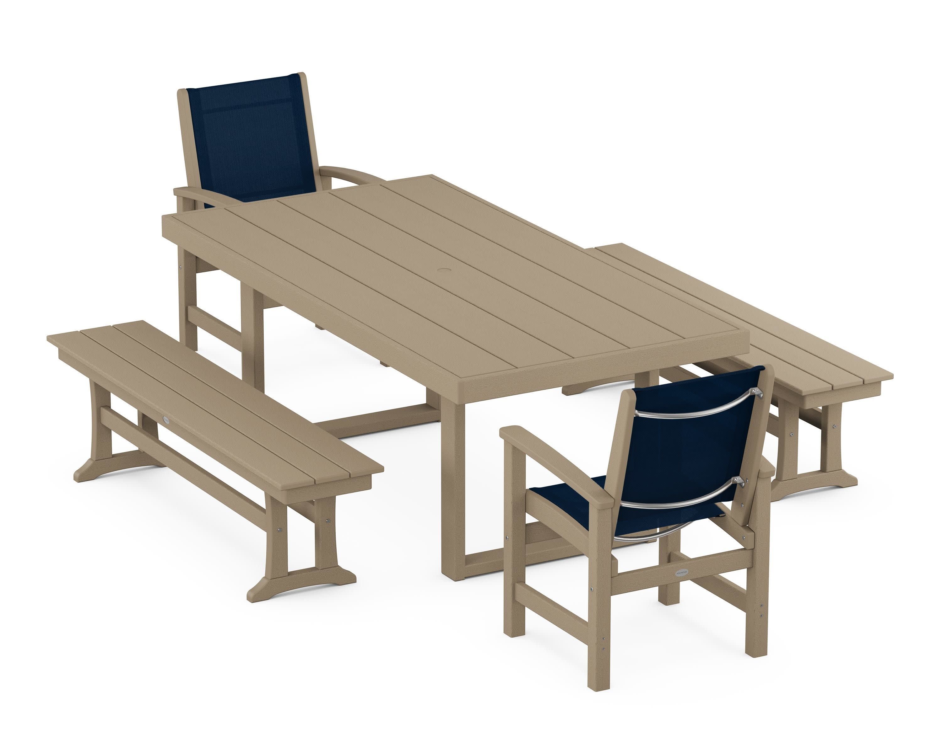 Coastal 5-Piece Dining Set with Trestle Legs in Vintage Sahara / Navy Blue Sling