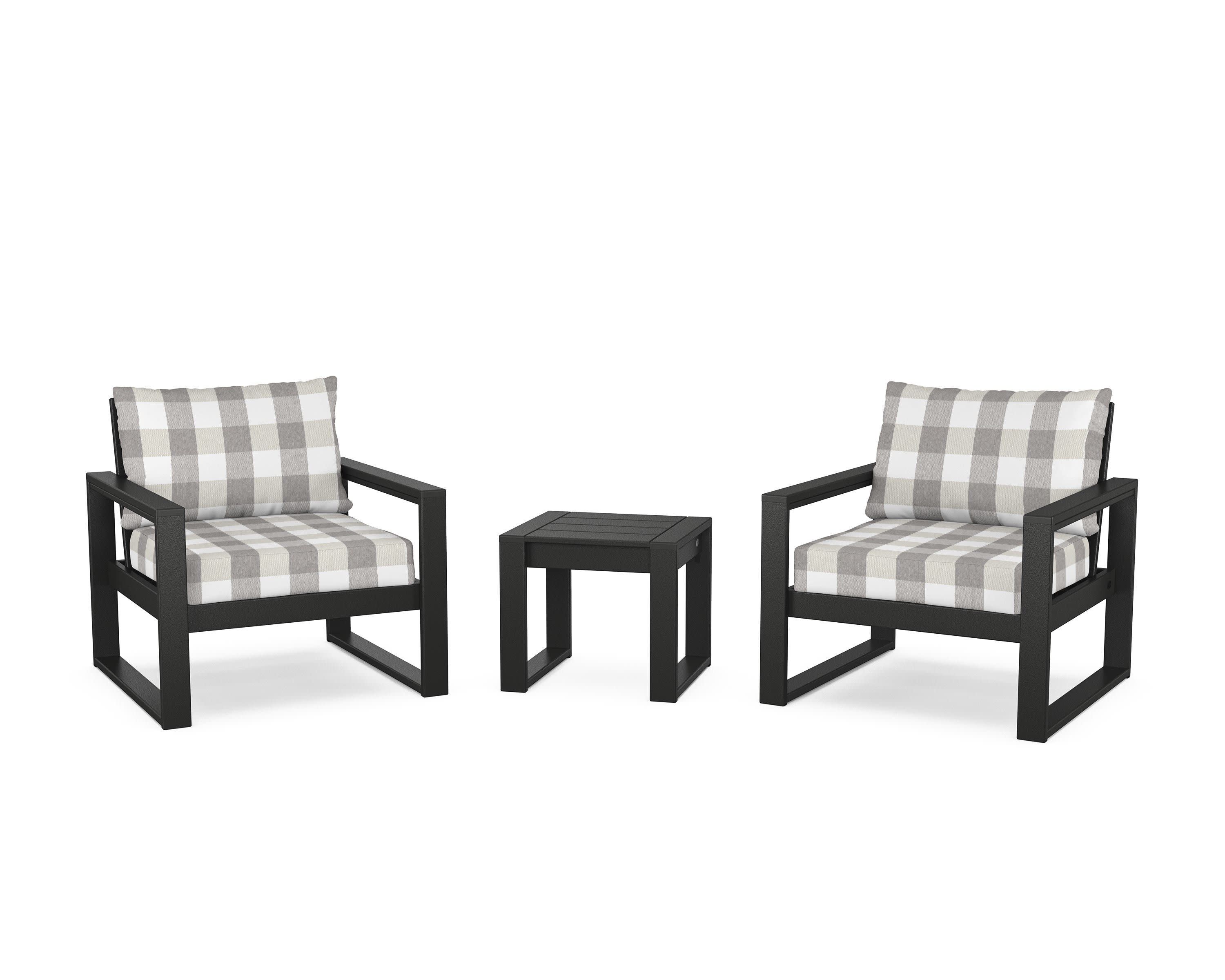 EDGE Sectional 3-Piece Deep Seating Set in Black / Buffalo Plaid Grey Mist