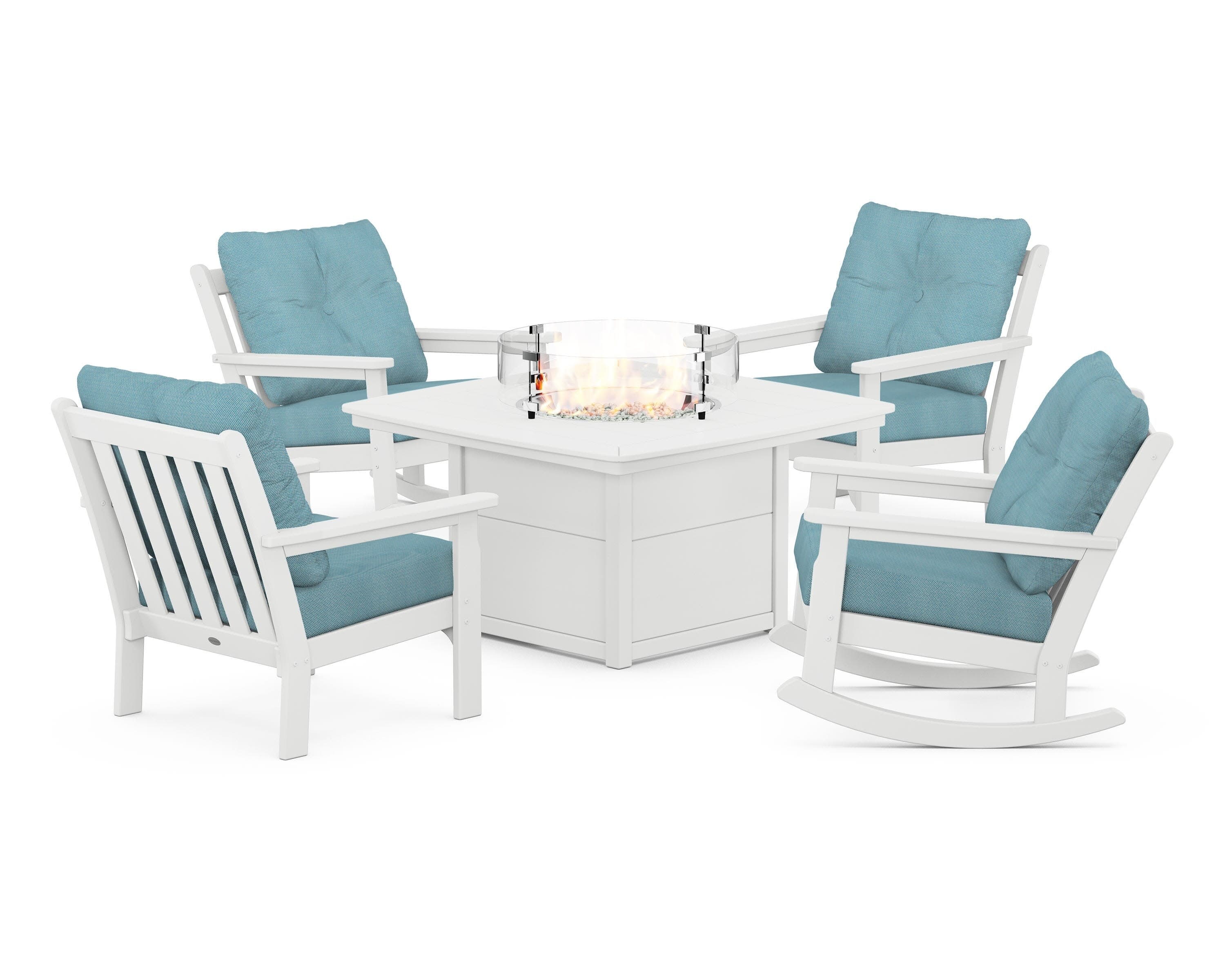 Vineyard 5-Piece Deep Seating Rocking Chair Conversation Set with Fire Pit Table in White / Lattice Sky Blue
