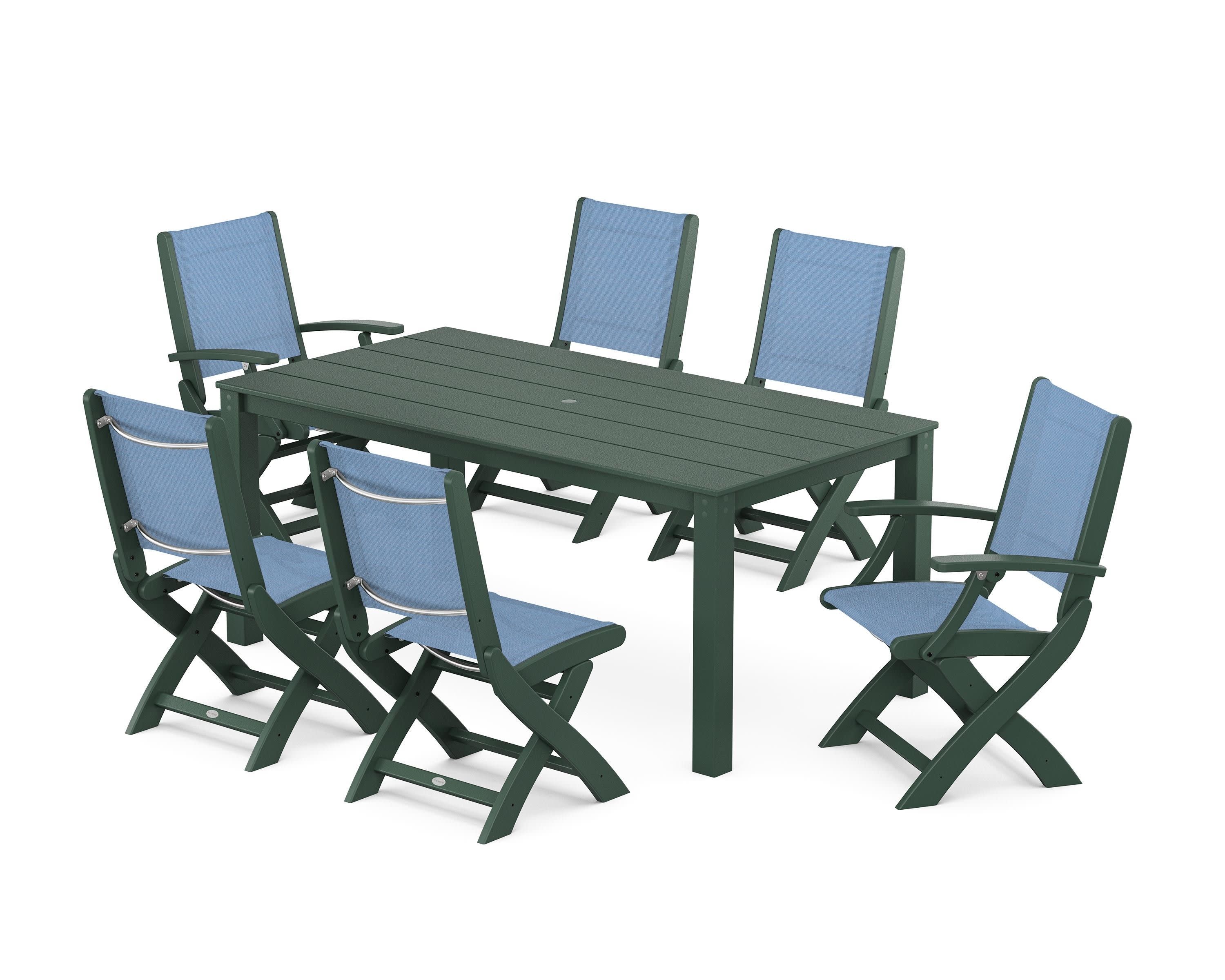 Coastal Folding Chair 7-Piece Parsons Dining Set in Green / Poolside Sling