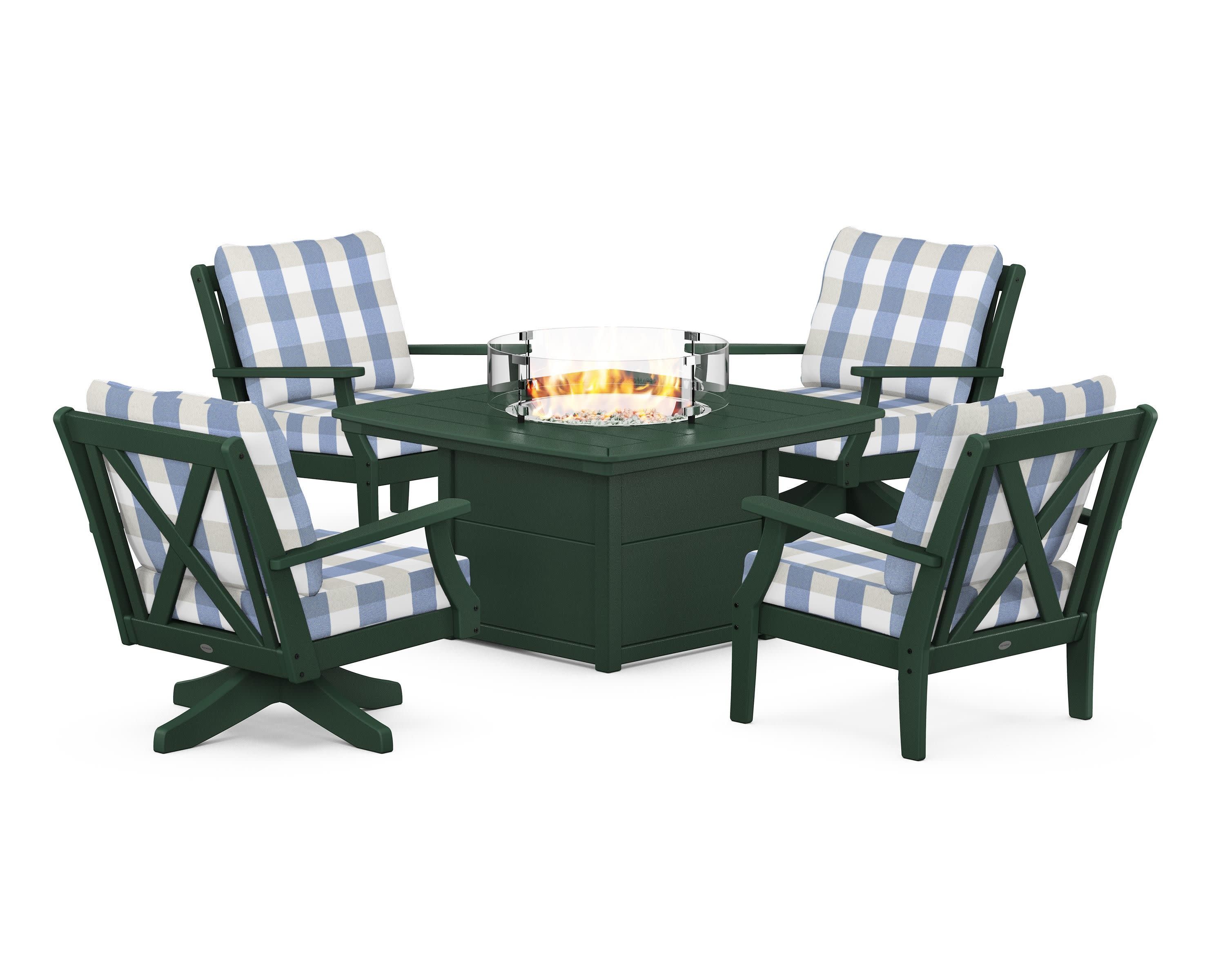 Braxton 5-Piece Deep Seating Set with Fire Table in Green / Buffalo Plaid Sky Blue