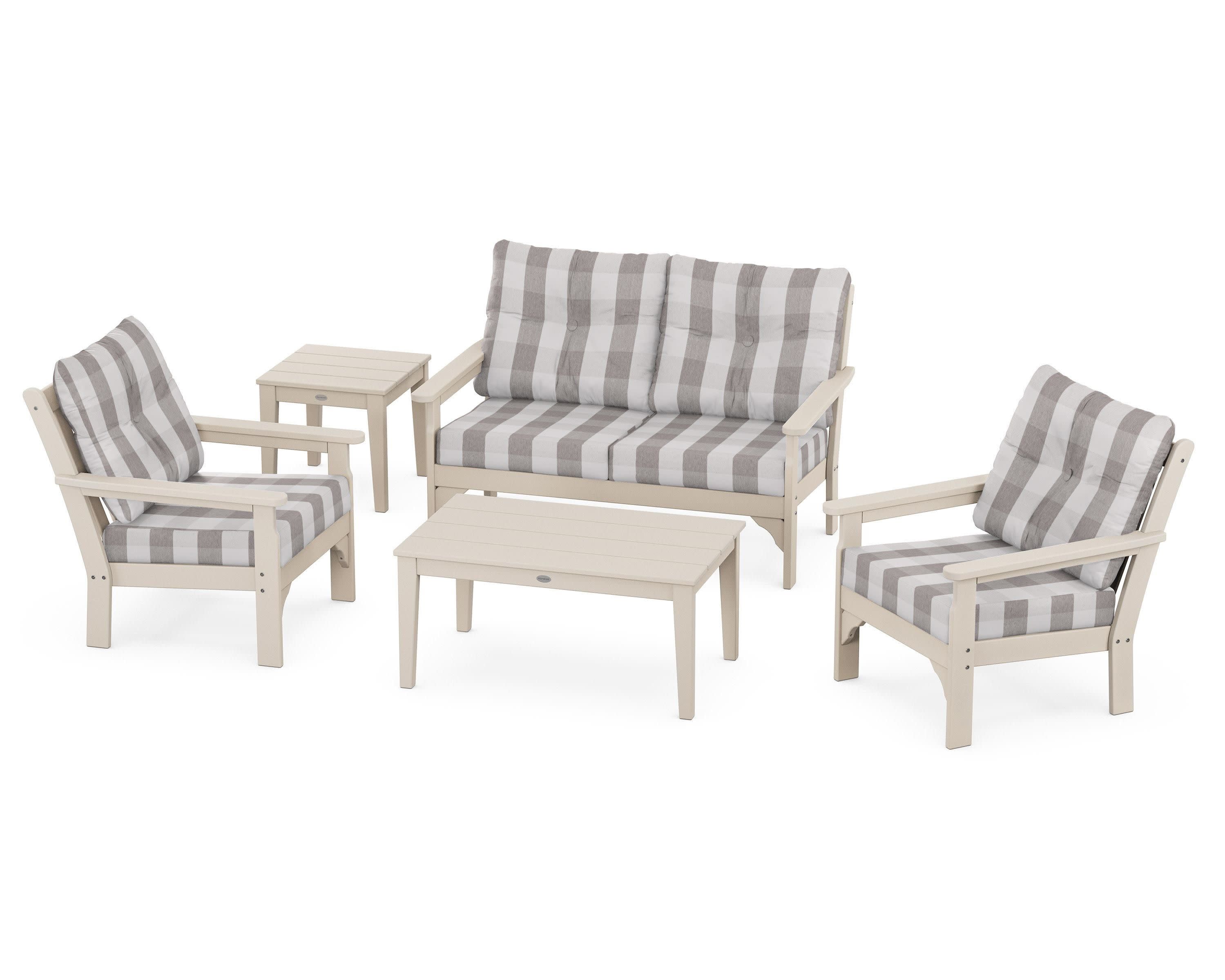 Vineyard 5-Piece Deep Seating Set in Sand / Buffalo Plaid Grey Mist