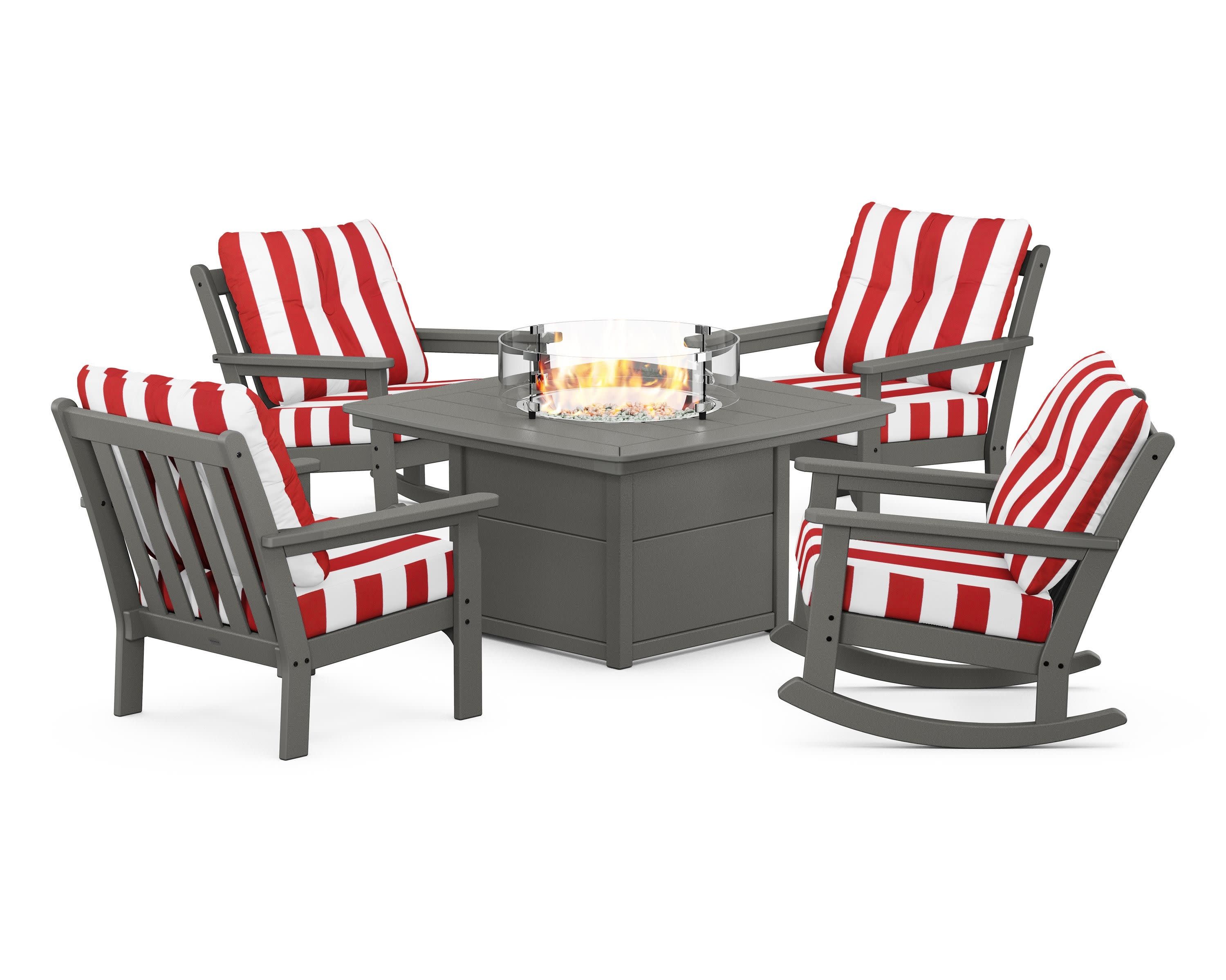 Vineyard 5-Piece Deep Seating Rocking Chair Conversation Set with Fire Pit Table in Slate Grey / Cabana Stripe Crimson