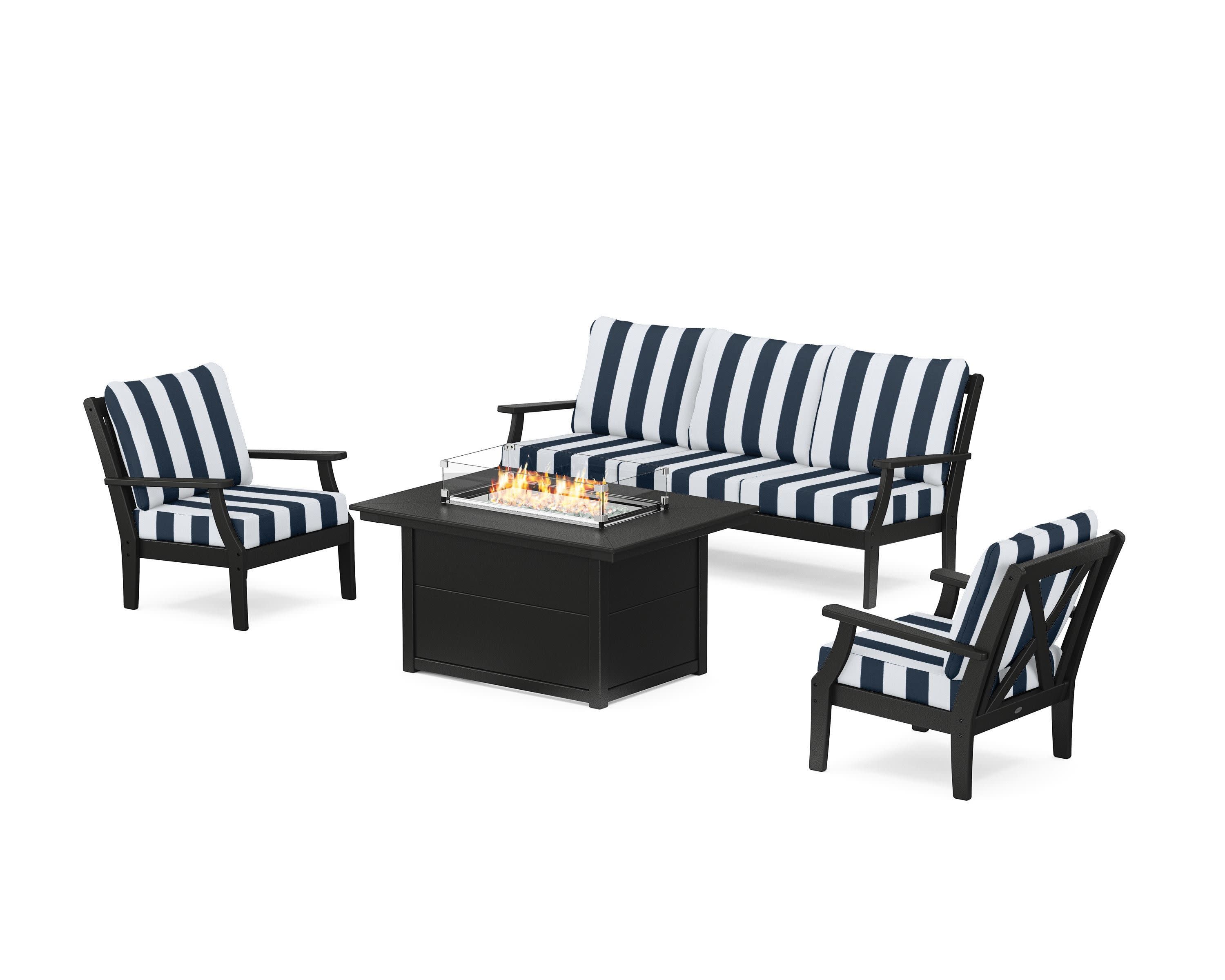 Braxton Deep Seating Fire Pit Table Set in Black / Cabana Stripe Marine Indigo