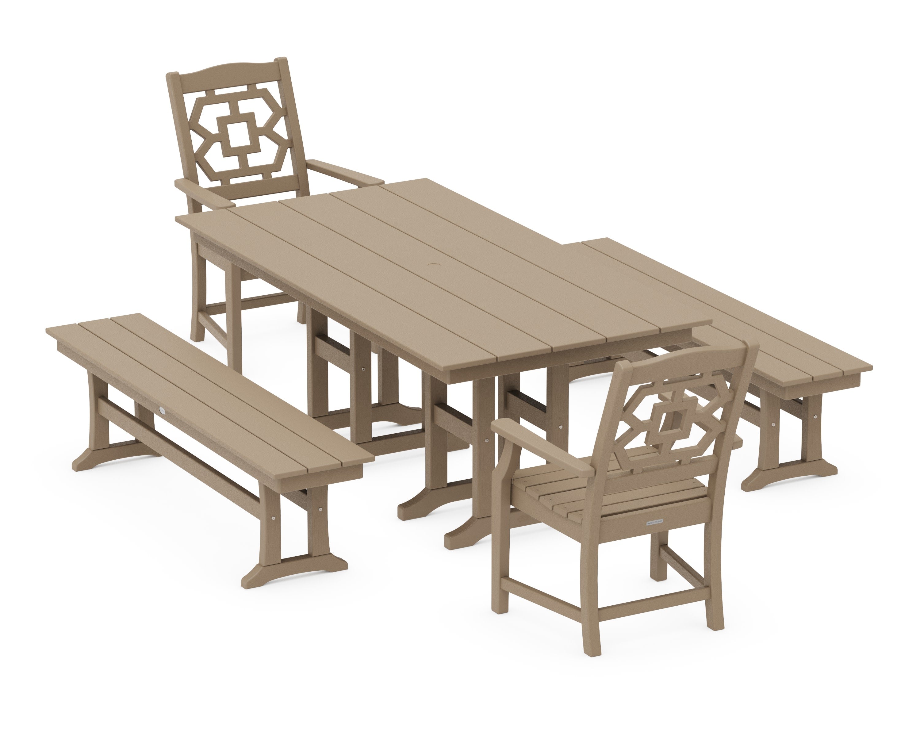 Chinoiserie 5-Piece Farmhouse Dining Set with Benches in Vintage Sahara