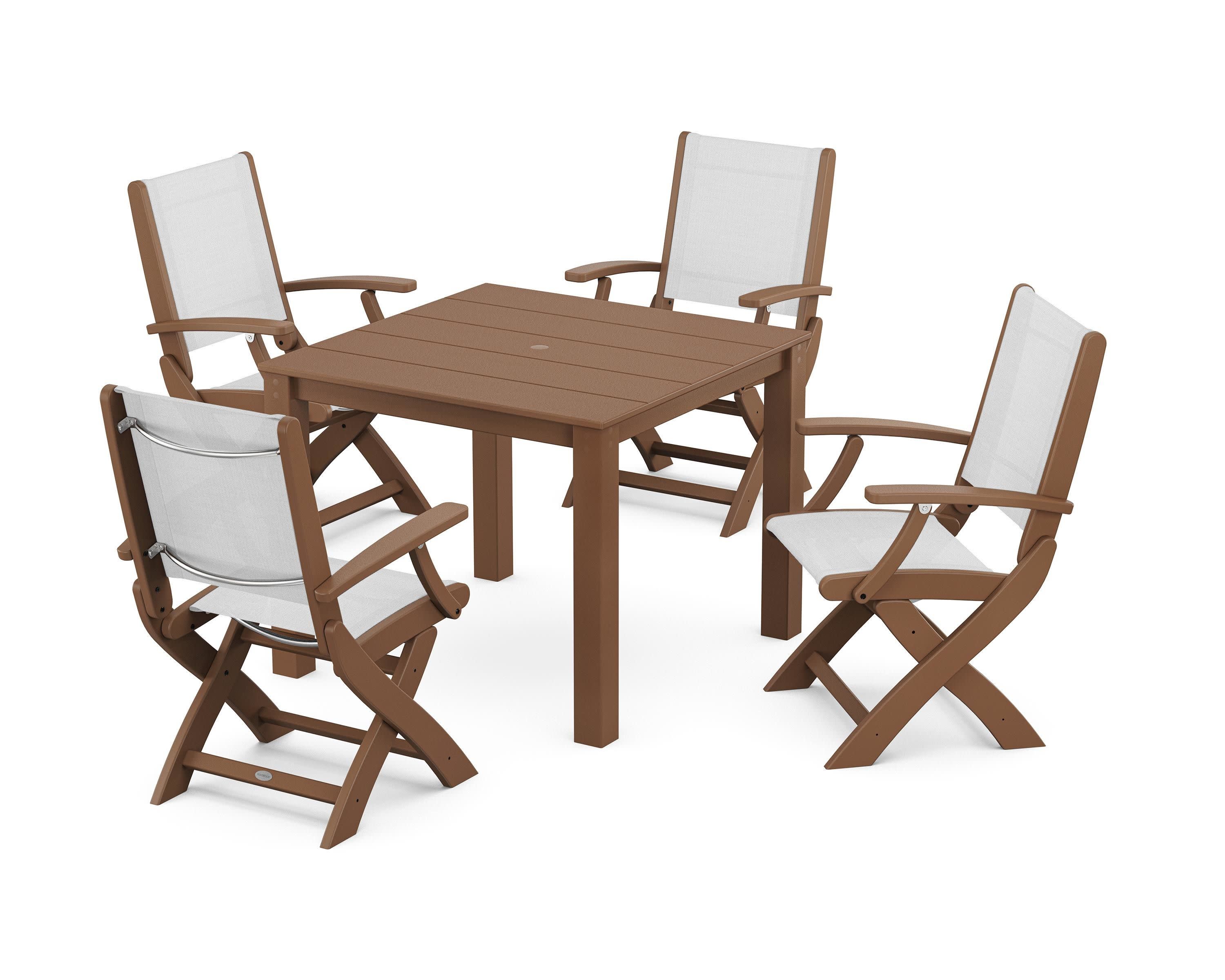 Coastal Folding Chair 5-Piece Parsons Dining Set in Teak / White Sling