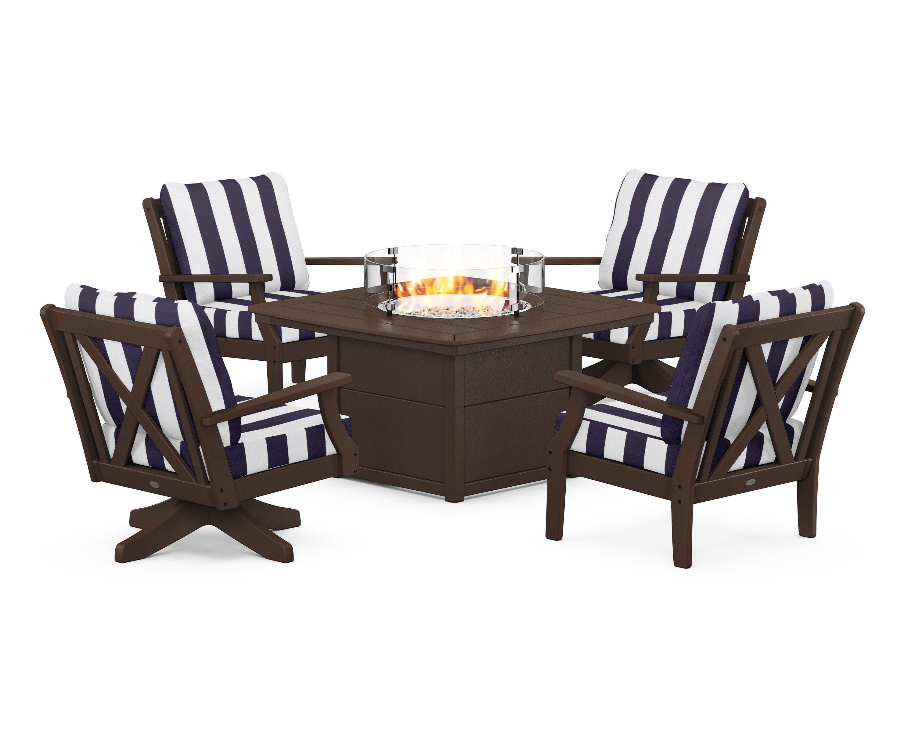 Braxton 5-Piece Deep Seating Set with Fire Table in Mahogany / Cabana Stripe Navy
