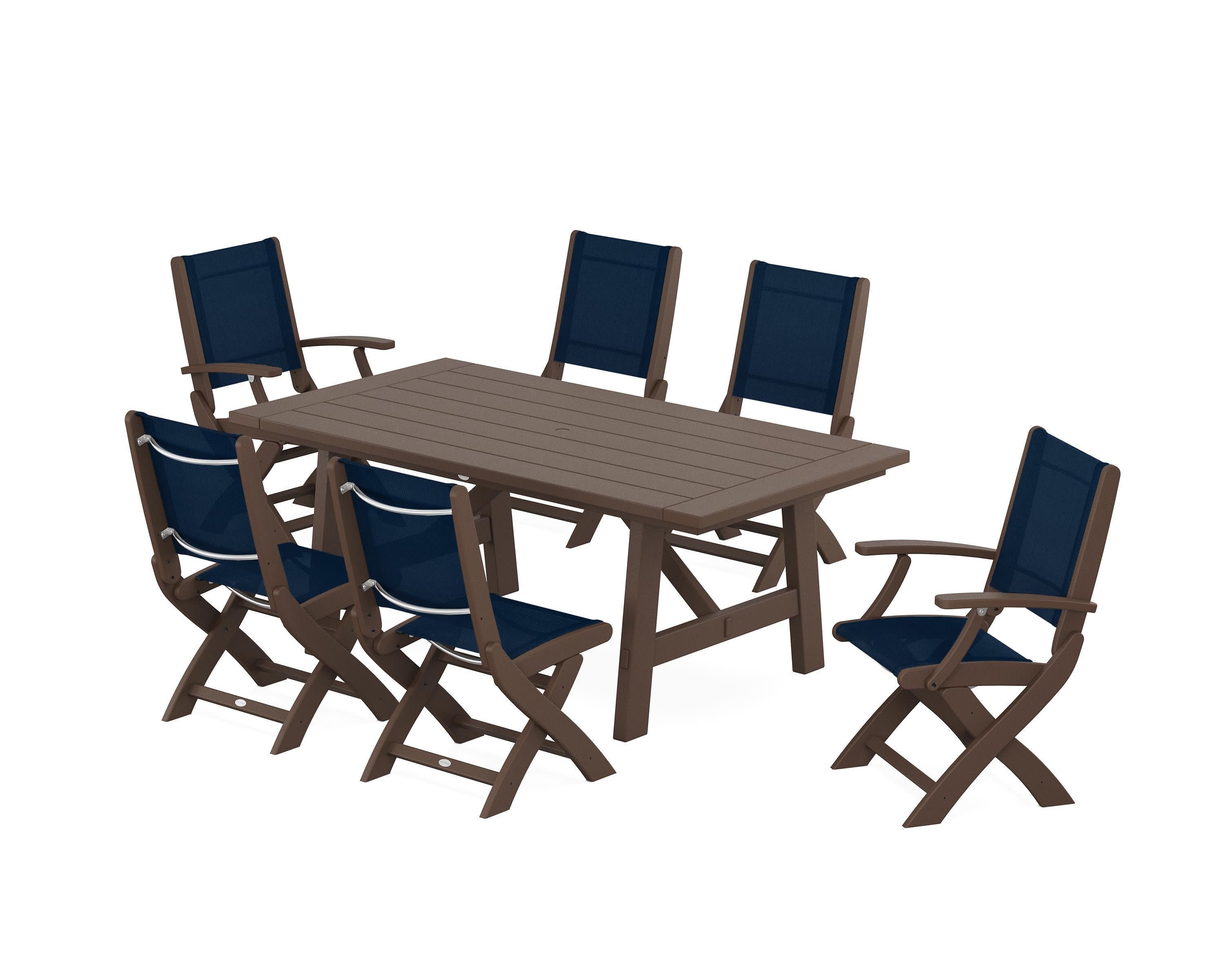 Coastal Folding Chair 7-Piece Rustic Farmhouse Dining Set in Mahogany / Navy Blue Sling