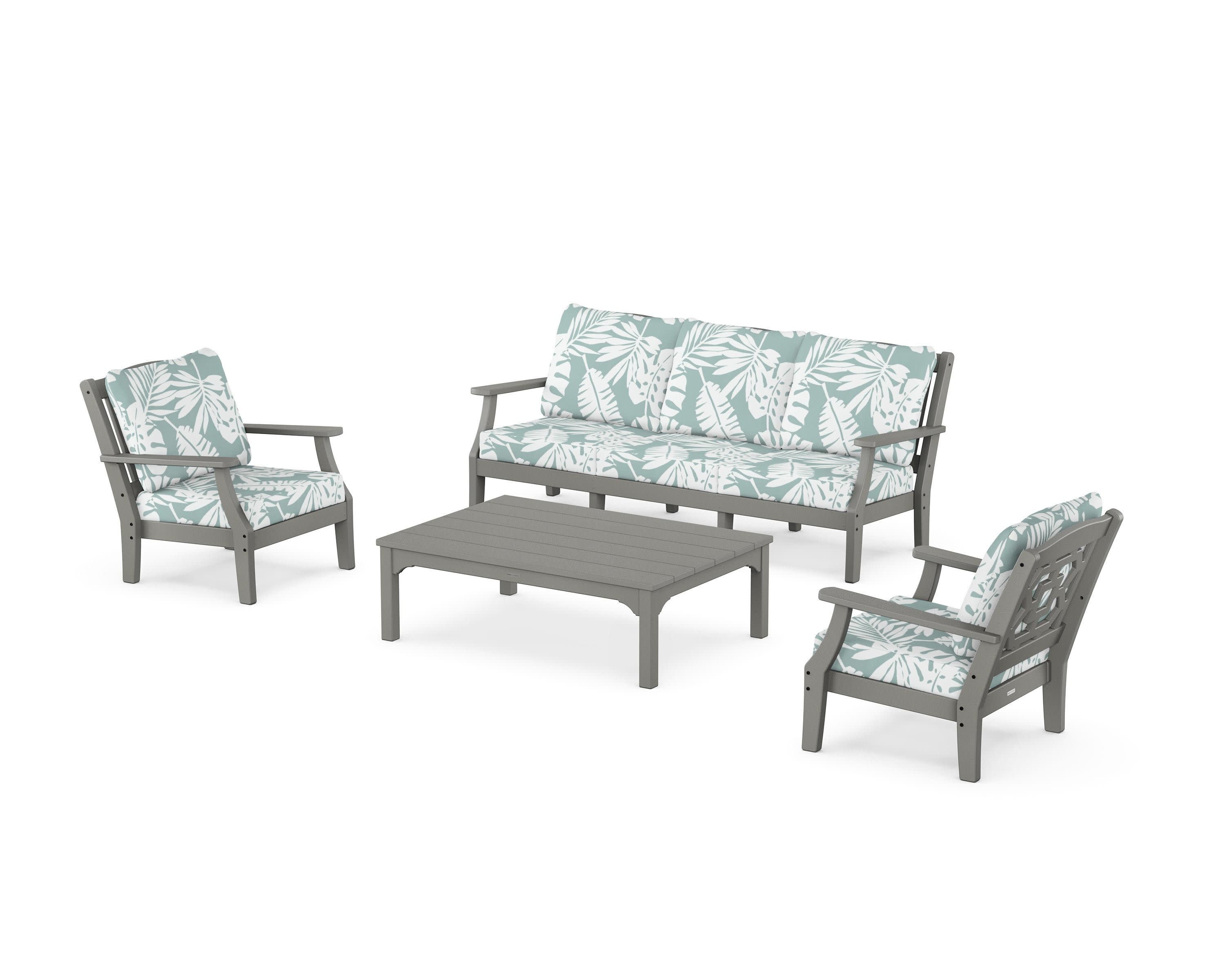 Chinoiserie 4-Piece Deep Seating Set with Sofa in Slate Grey / Leaf Glacier Spa