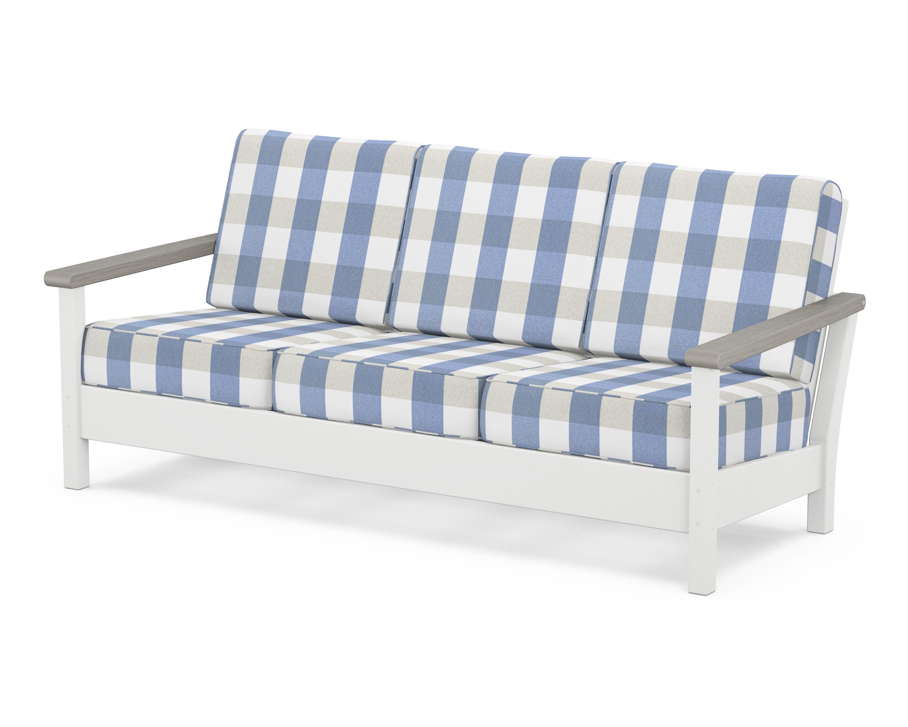 Harbour Deep Seating Sofa in White / Driftwood / Buffalo Plaid Sky Blue