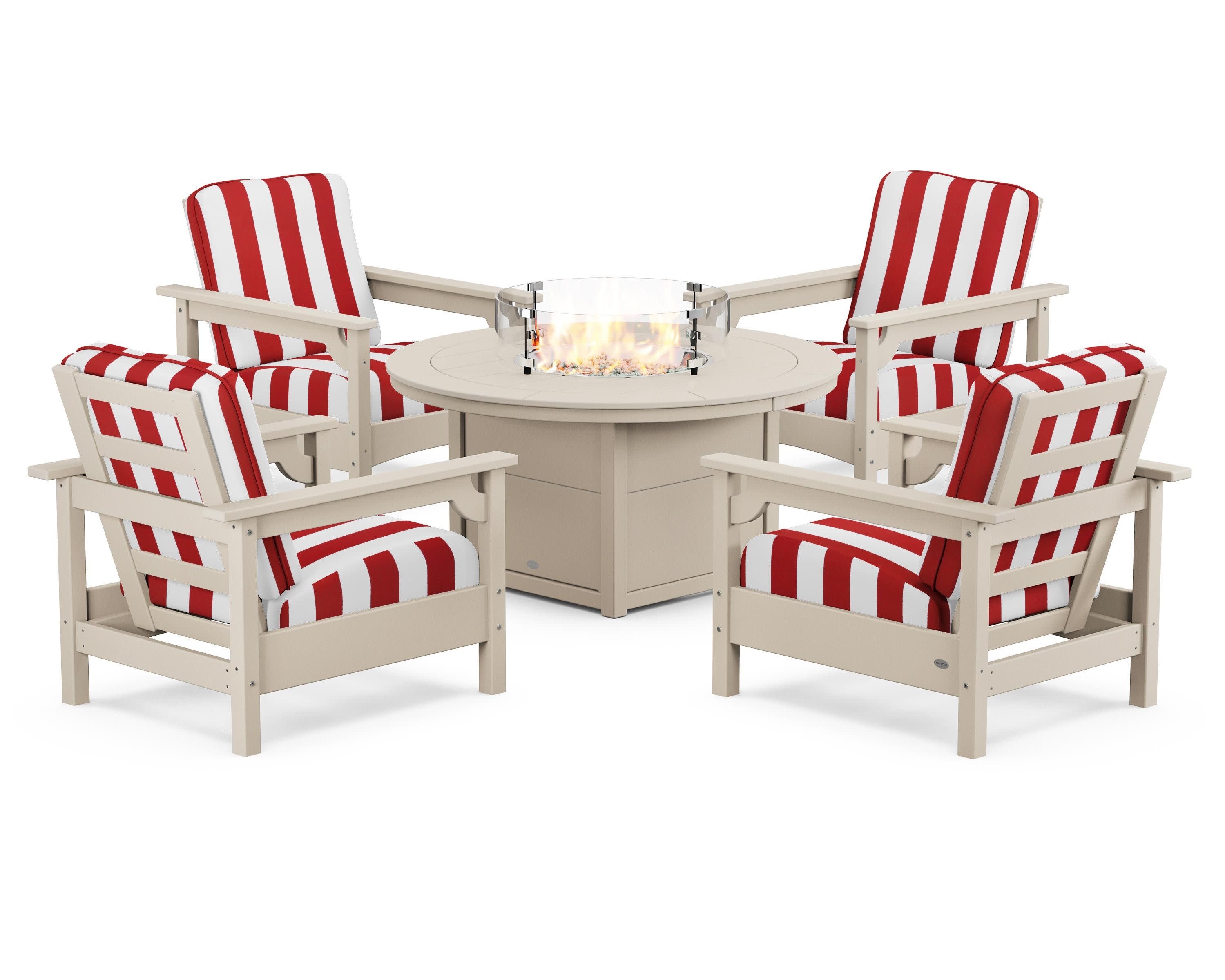 Club 5-Piece Conversation Set with Fire Pit Table in Sand / Cabana Stripe Crimson