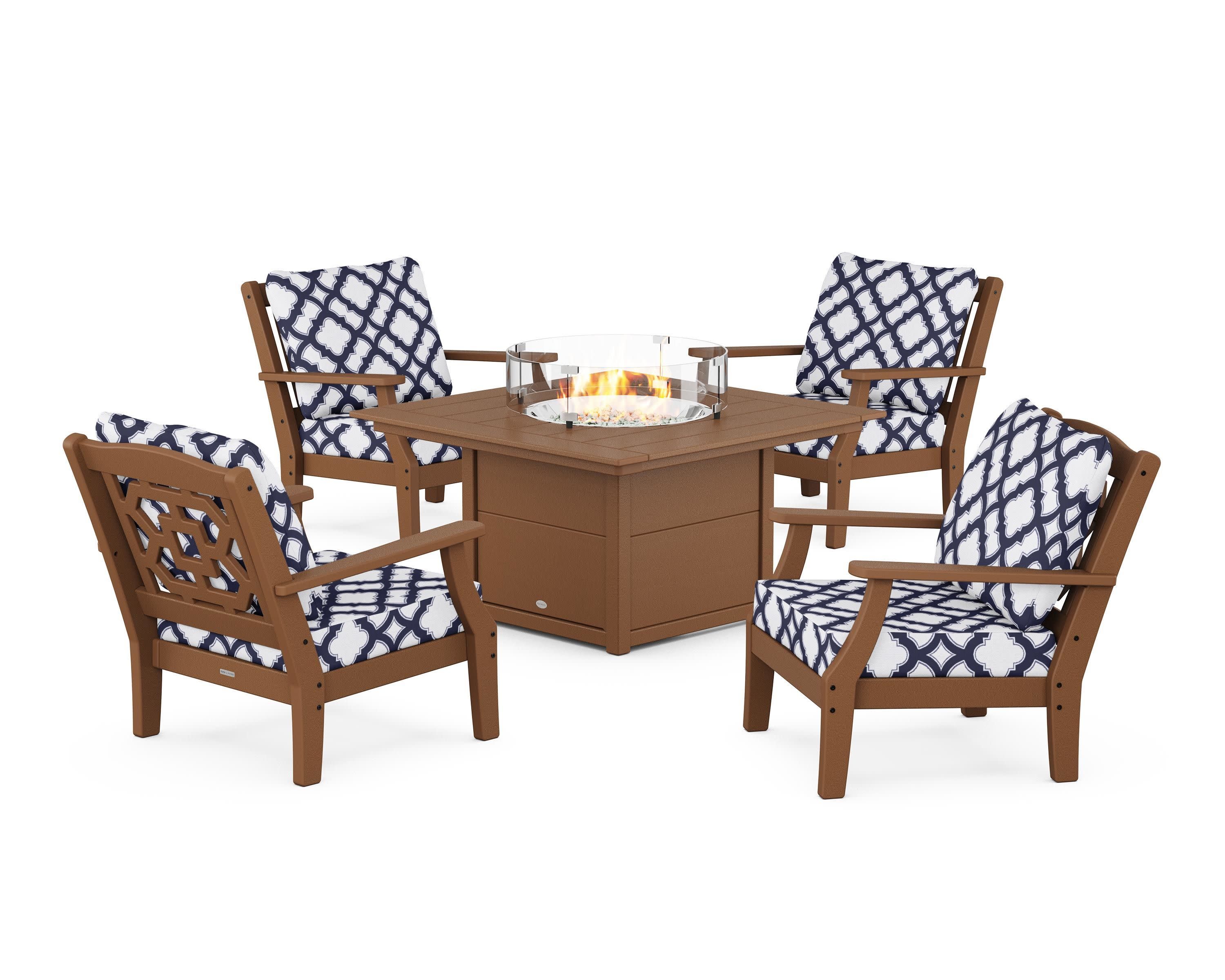 Chinoiserie 5-Piece Deep Seating Set with Fire Pit Table in Teak / Trellis Navy