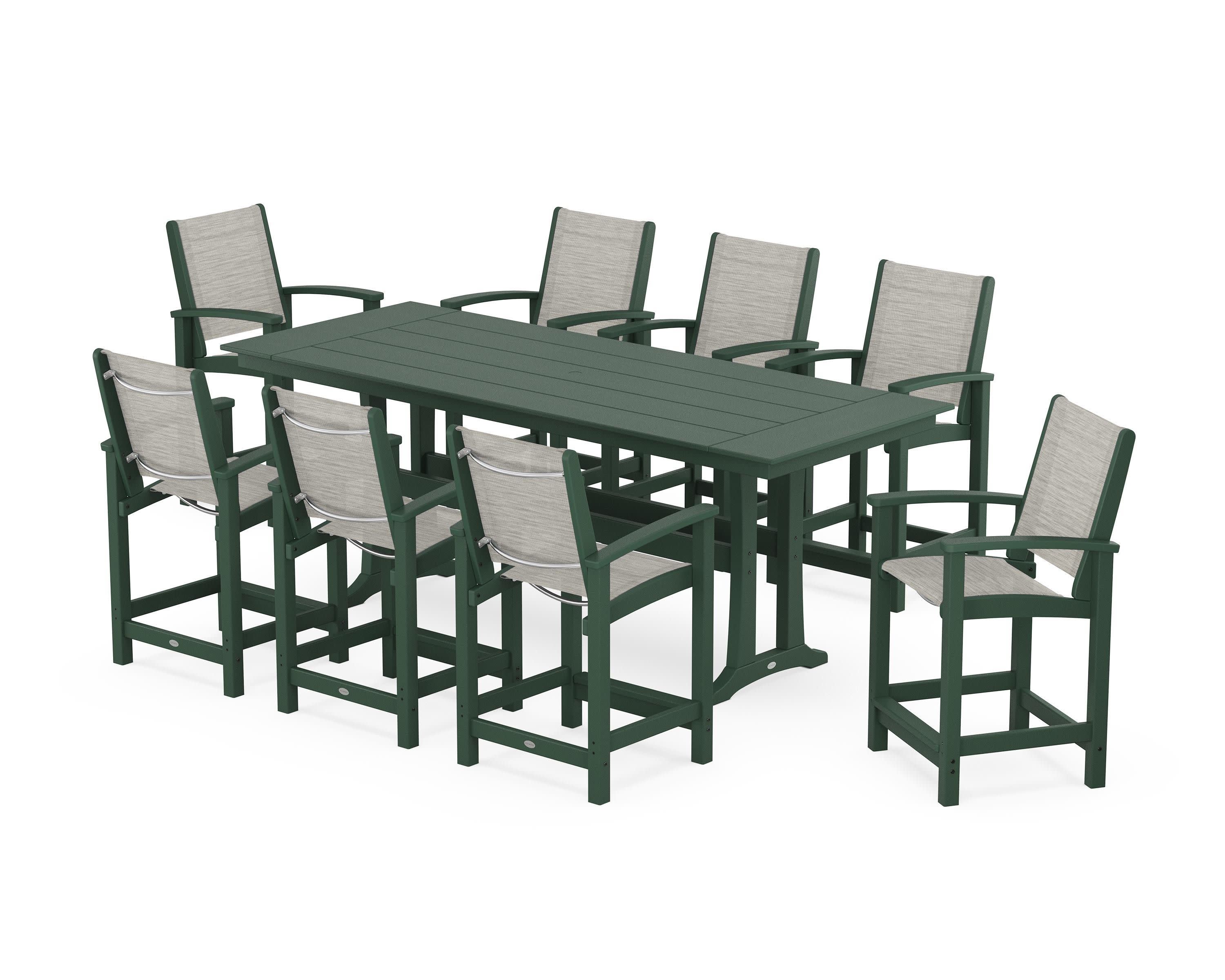 Coastal 9-Piece Farmhouse Counter Set with Trestle Legs in Green / Birch Sling