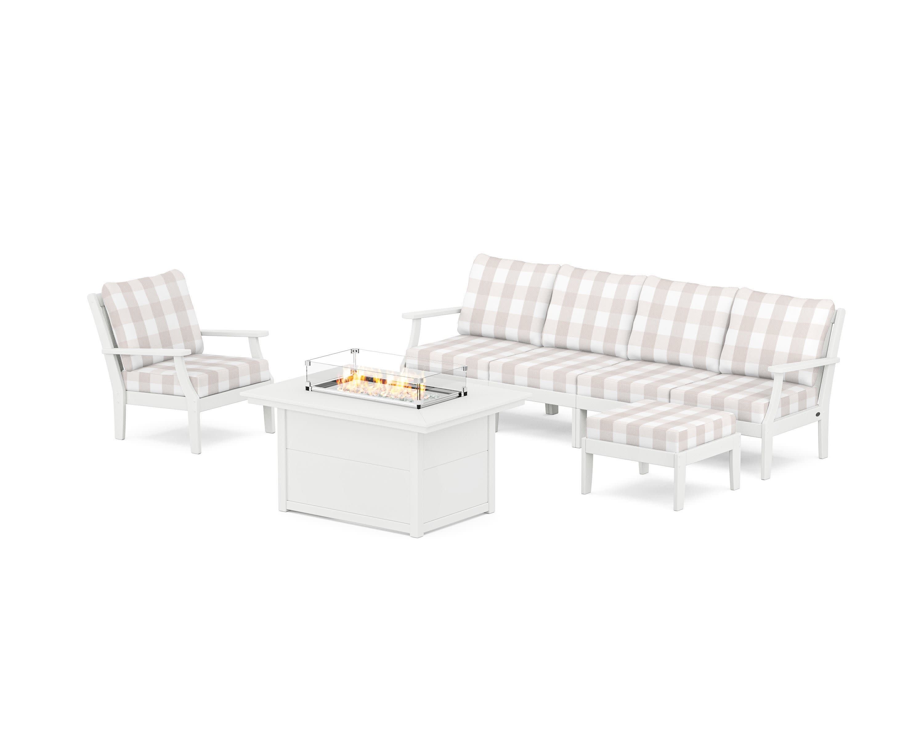 Braxton Sectional Lounge and Fire Pit Set in White / Buffalo Plaid Dune Burlap