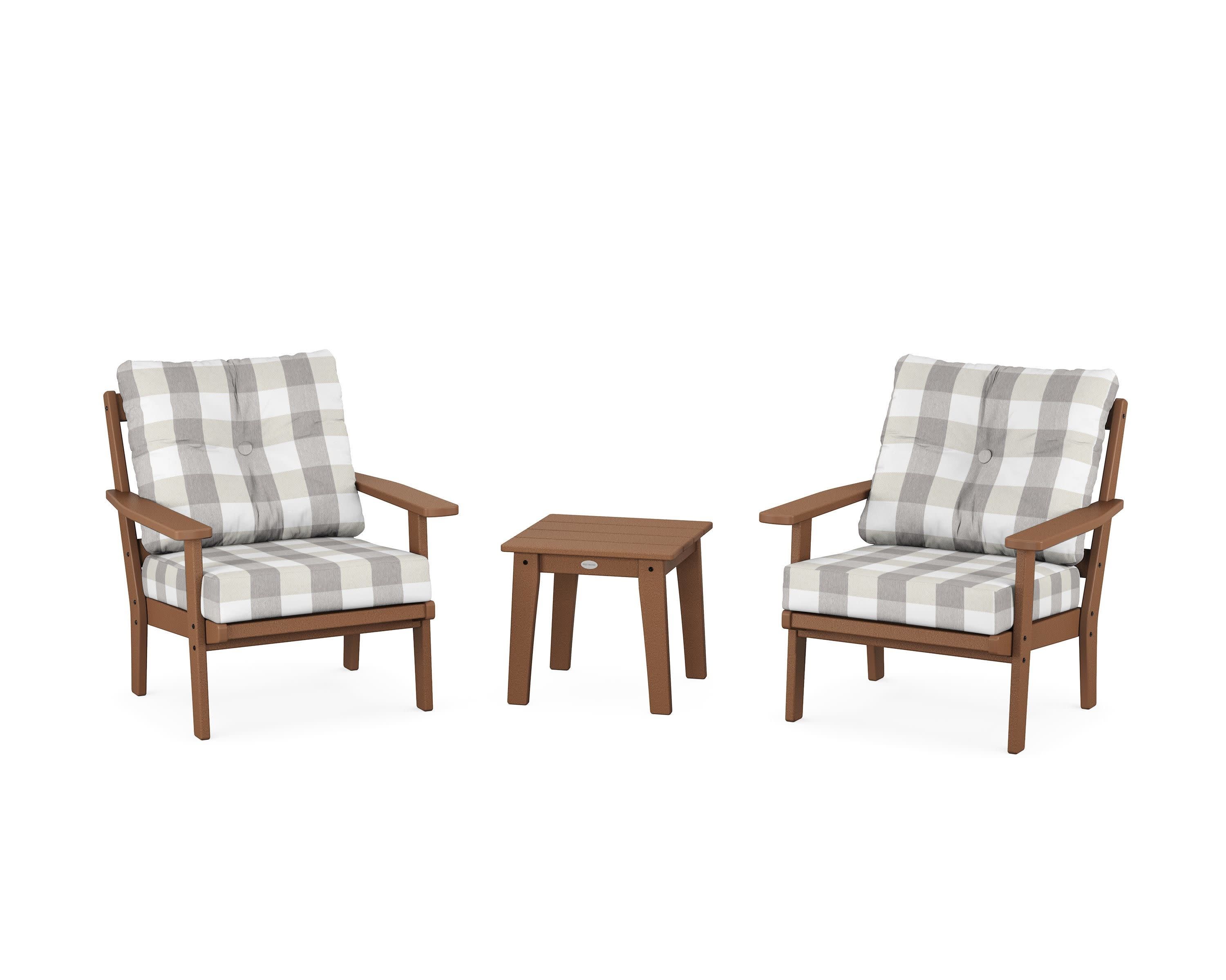 Oxford 3-Piece Deep Seating Set in Teak / Buffalo Plaid Grey Mist