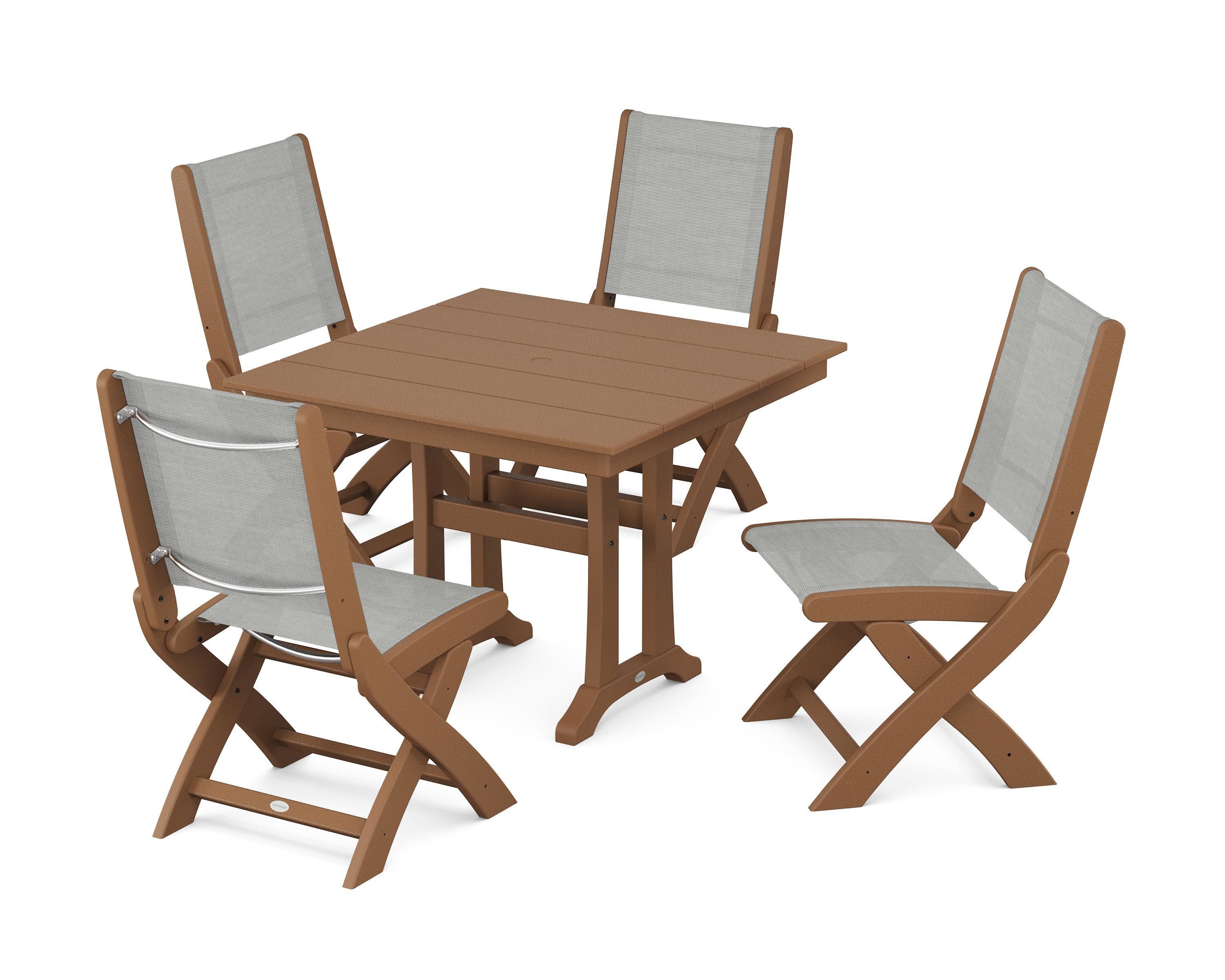 Coastal Folding Side Chair 5-Piece Farmhouse Dining Set With Trestle Legs in Teak / Metallic Sling