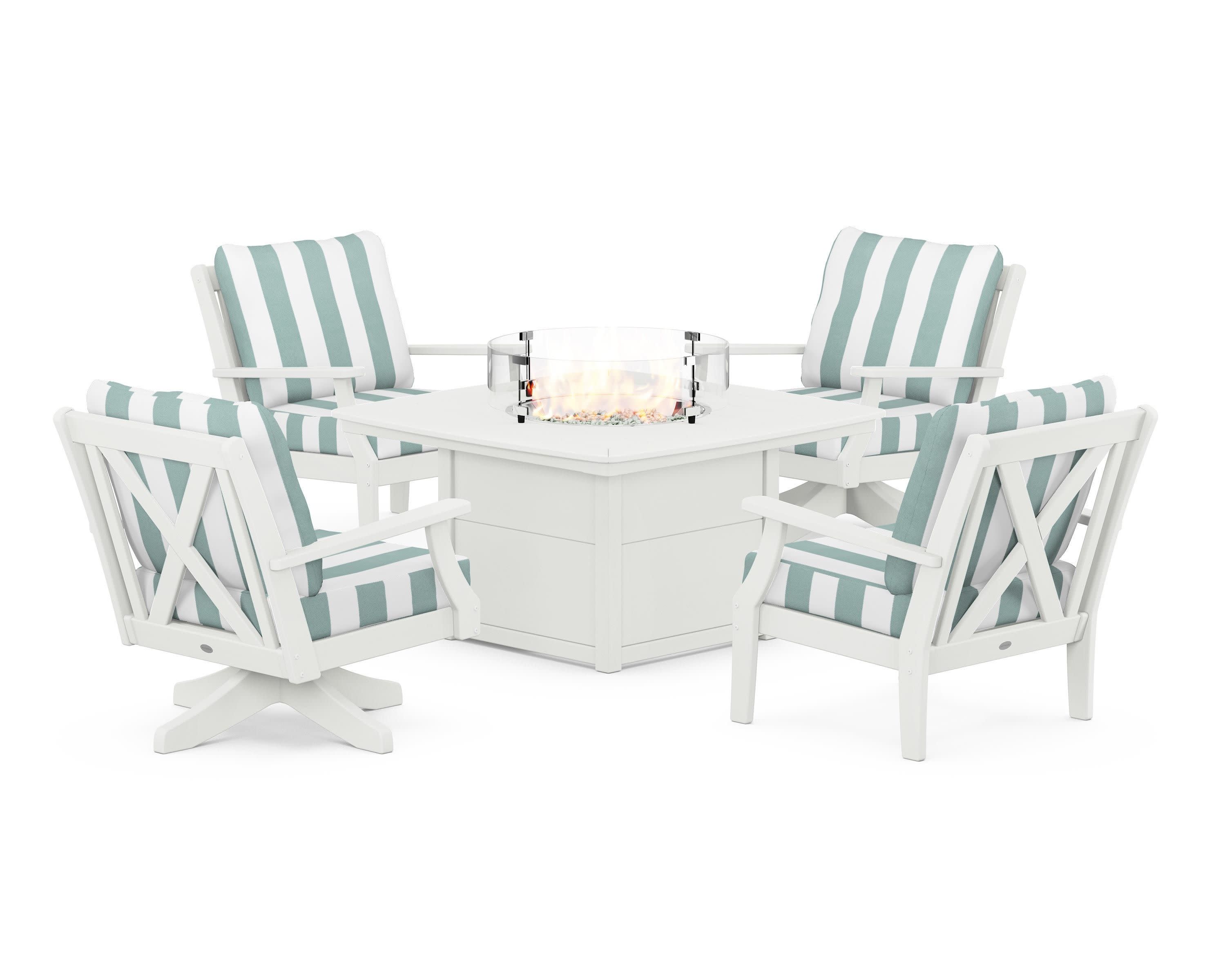 Braxton 5-Piece Deep Seating Set with Fire Table in Vintage White / Cabana Stripe Glacier Spa