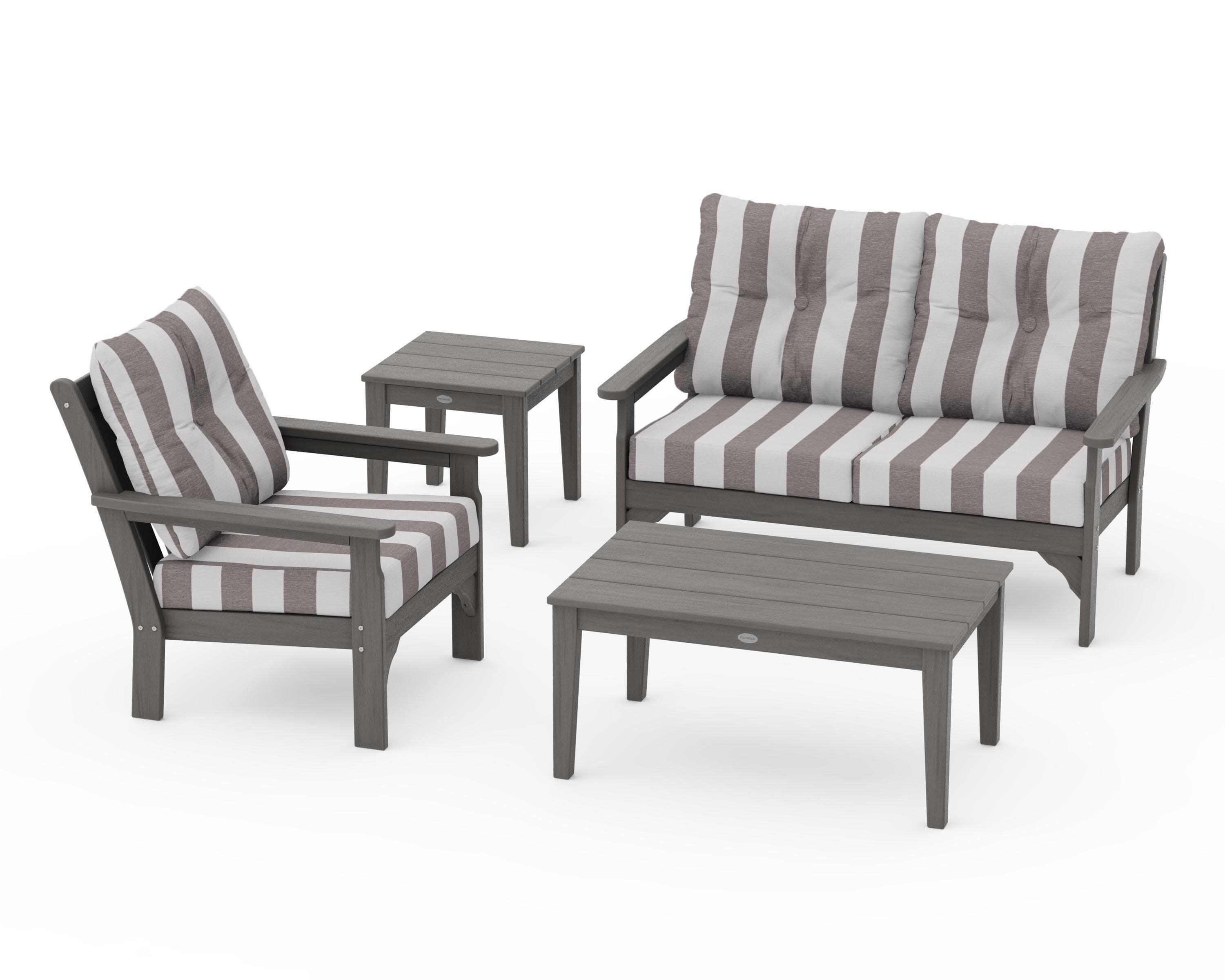 Vineyard 4-Piece Deep Seating Set in Driftwood / Cabana Stripe Grey Mist