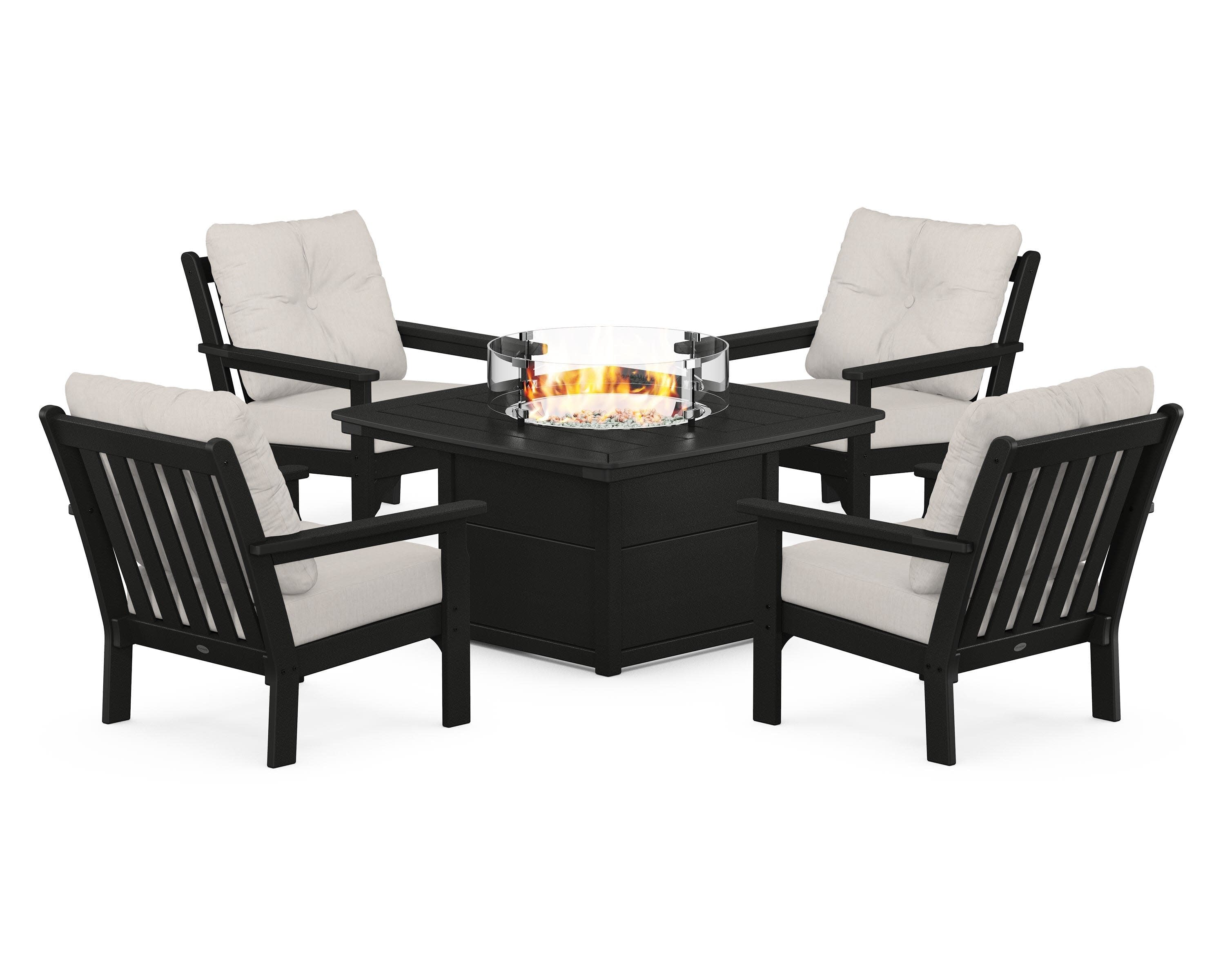 Vineyard 5-Piece Conversation Set with Fire Pit Table in Black / Cast Ash