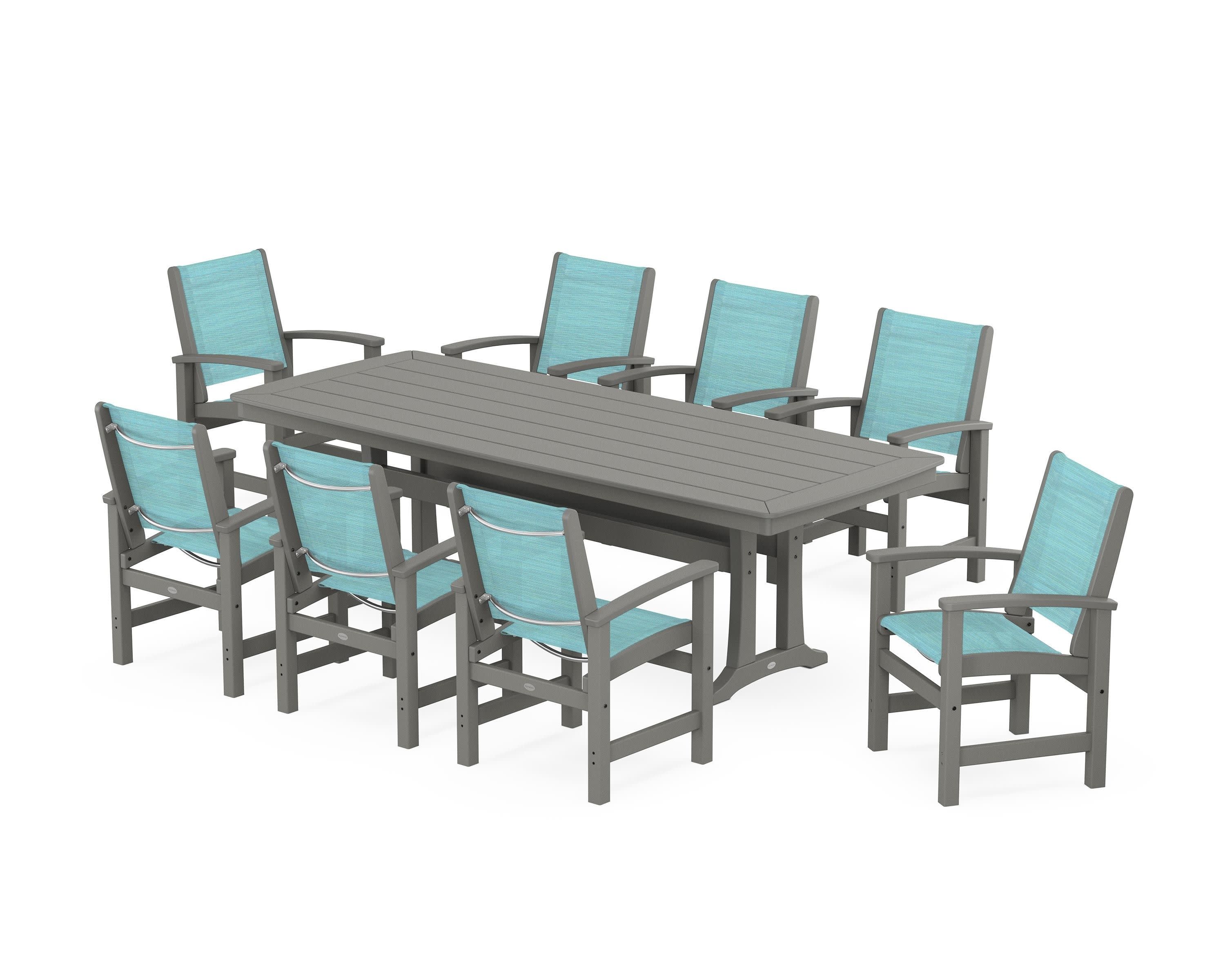 Coastal 9-Piece Dining Set with Trestle Legs in Slate Grey / Dupioni Aquamarine Sling
