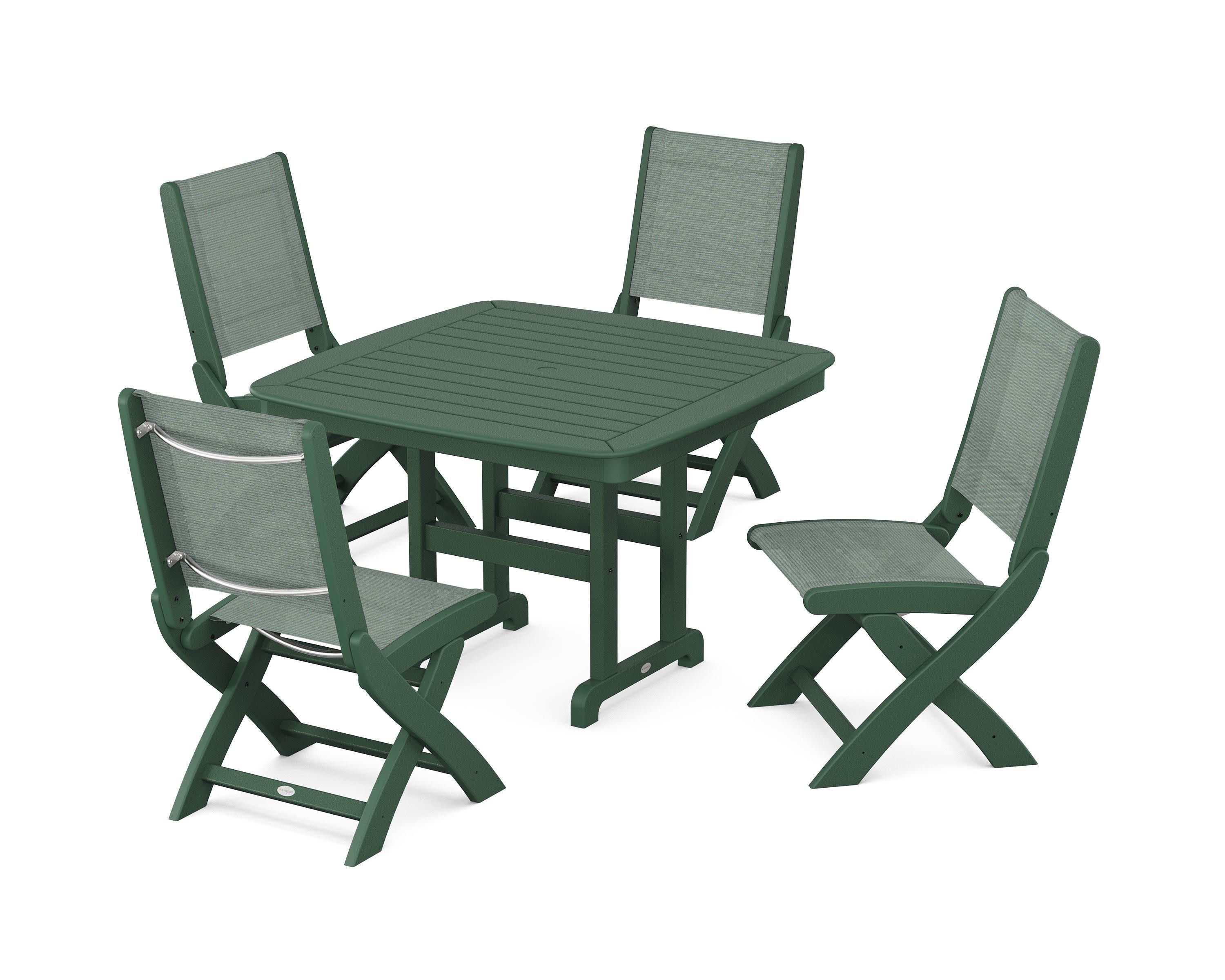 Coastal Folding Side Chair 5-Piece Dining Set in Green / Dupioni Sea Mist Sling