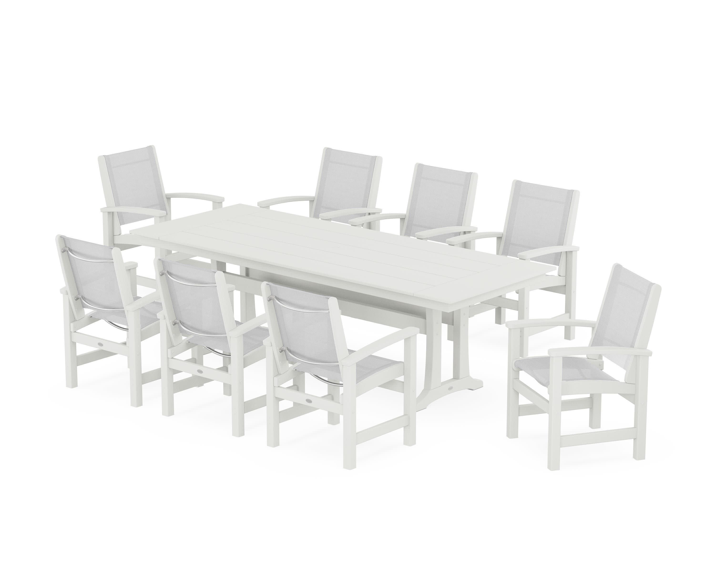 Coastal 9-Piece Farmhouse Dining Set with Trestle Legs in Vintage White / White Sling