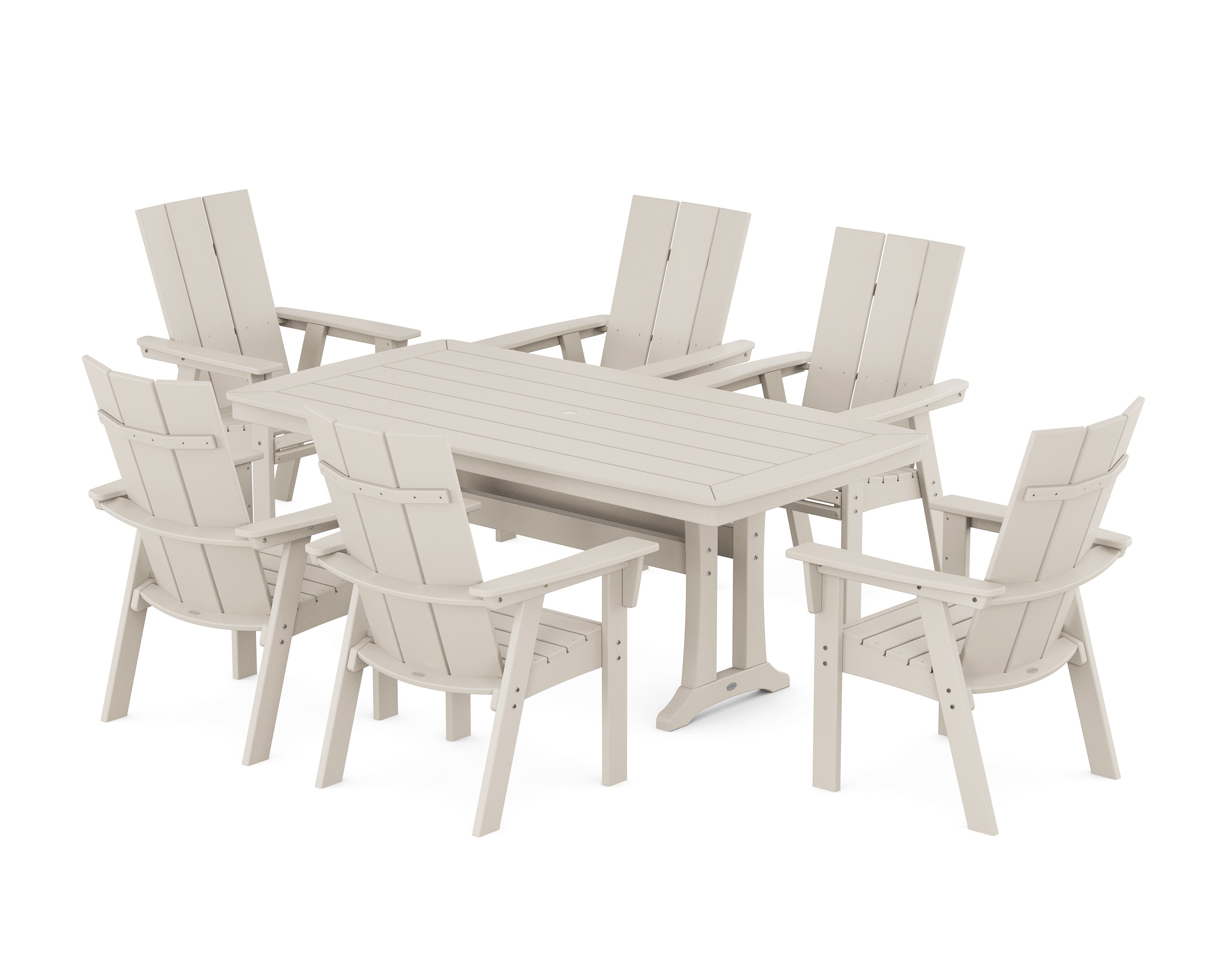 Modern Curveback Adirondack 7-Piece Dining Set with Trestle Legs in Sand