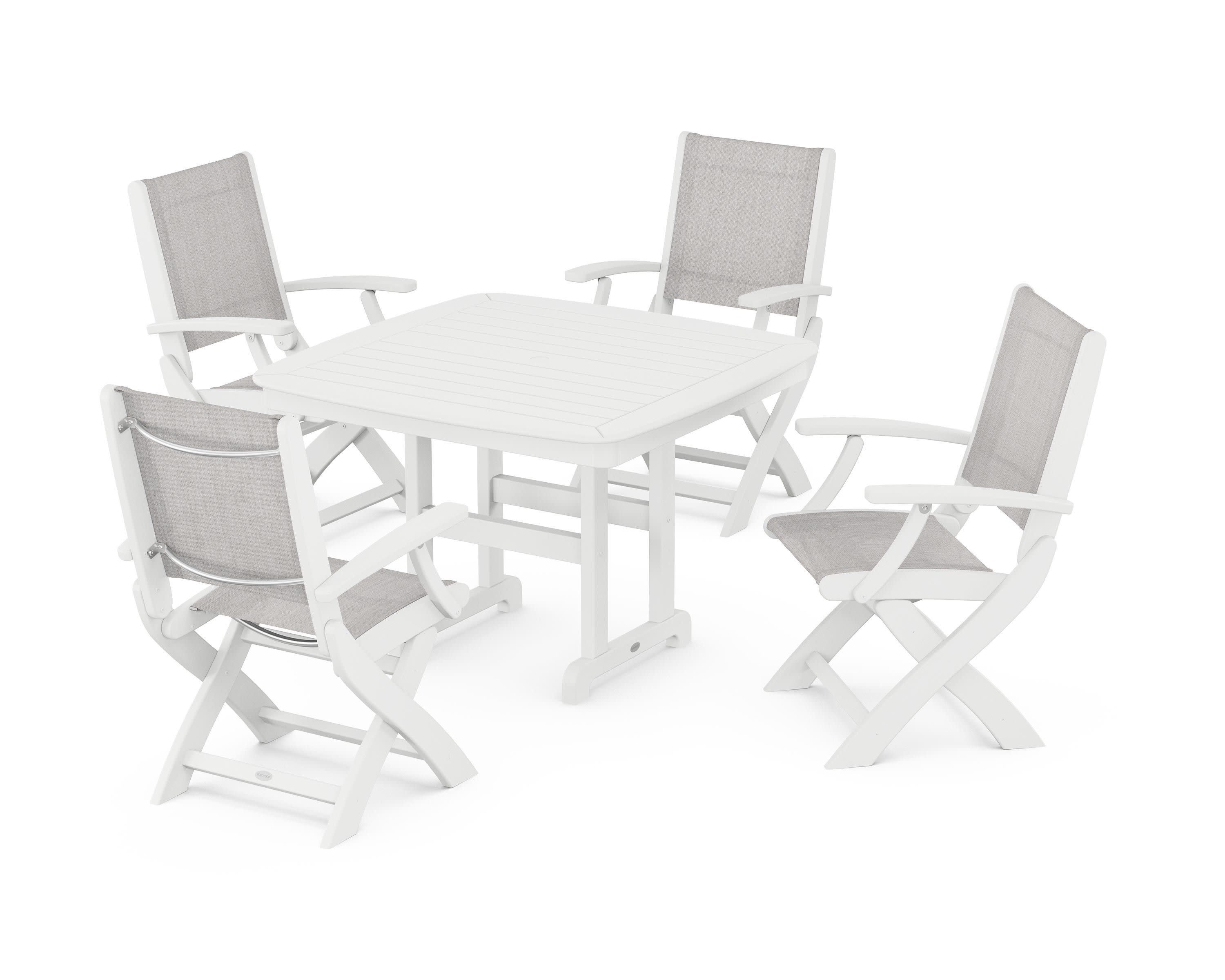 Coastal Folding Chair 5-Piece Dining Set in White / Parchment Sling