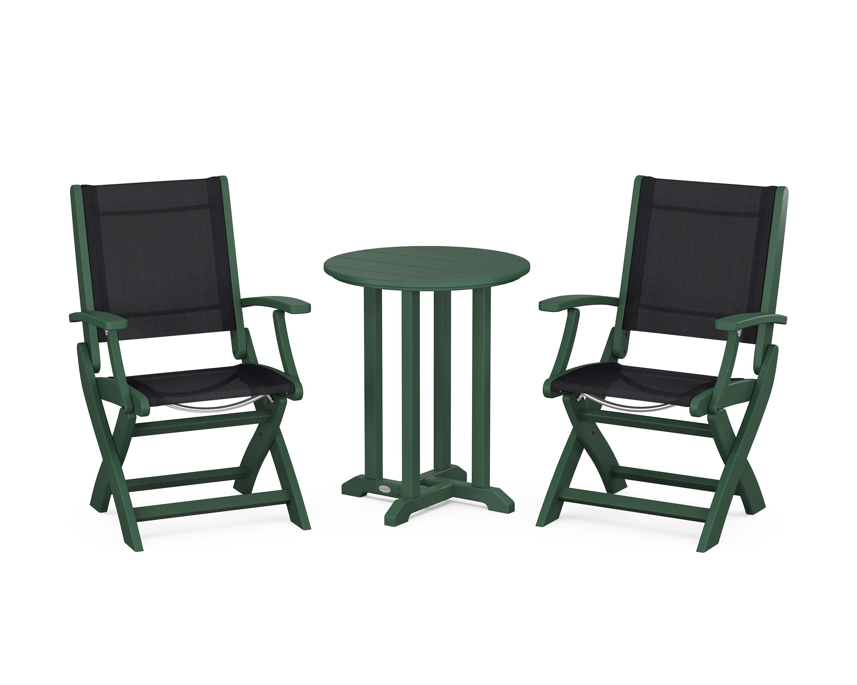 Coastal Folding 3-Piece Round Bistro Dining Set in Green / Black Sling