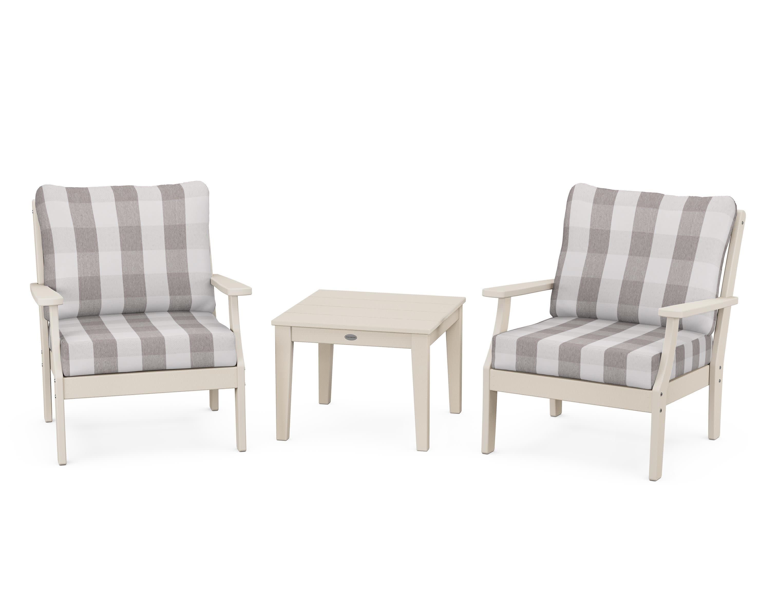 Braxton 3-Piece Deep Seating Set in Sand / Buffalo Plaid Grey Mist