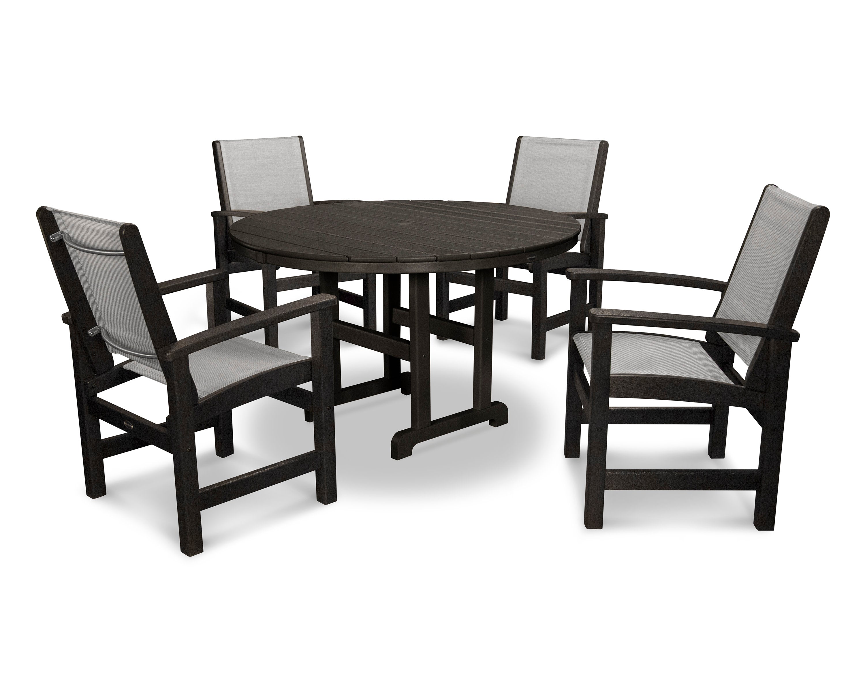 Coastal 5-Piece Round Farmhouse Dining Set in Black / Metallic Sling
