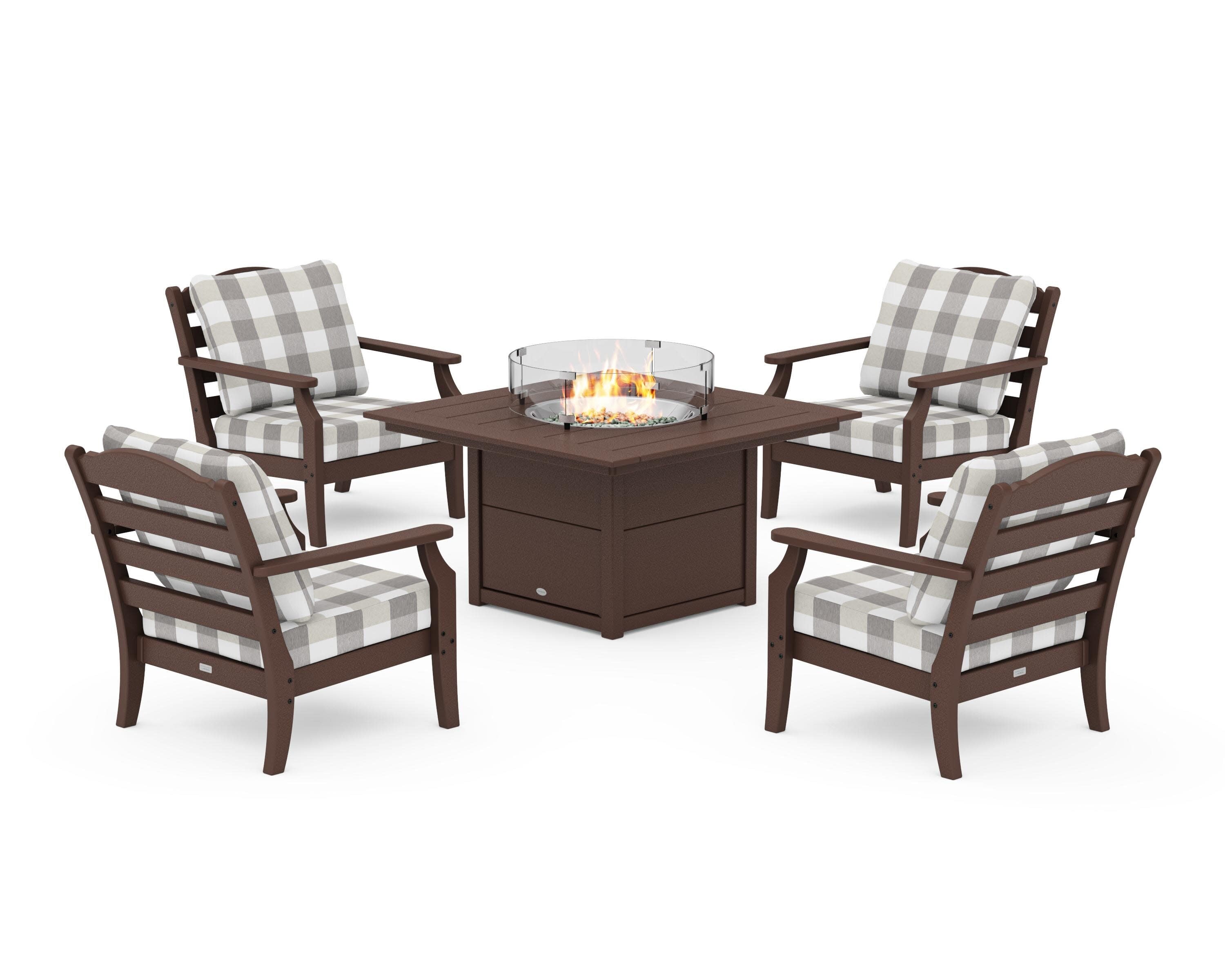 Savannah 5-Piece Deep Seating Set with Fire Pit Table in Mahogany / Buffalo Plaid Grey Mist