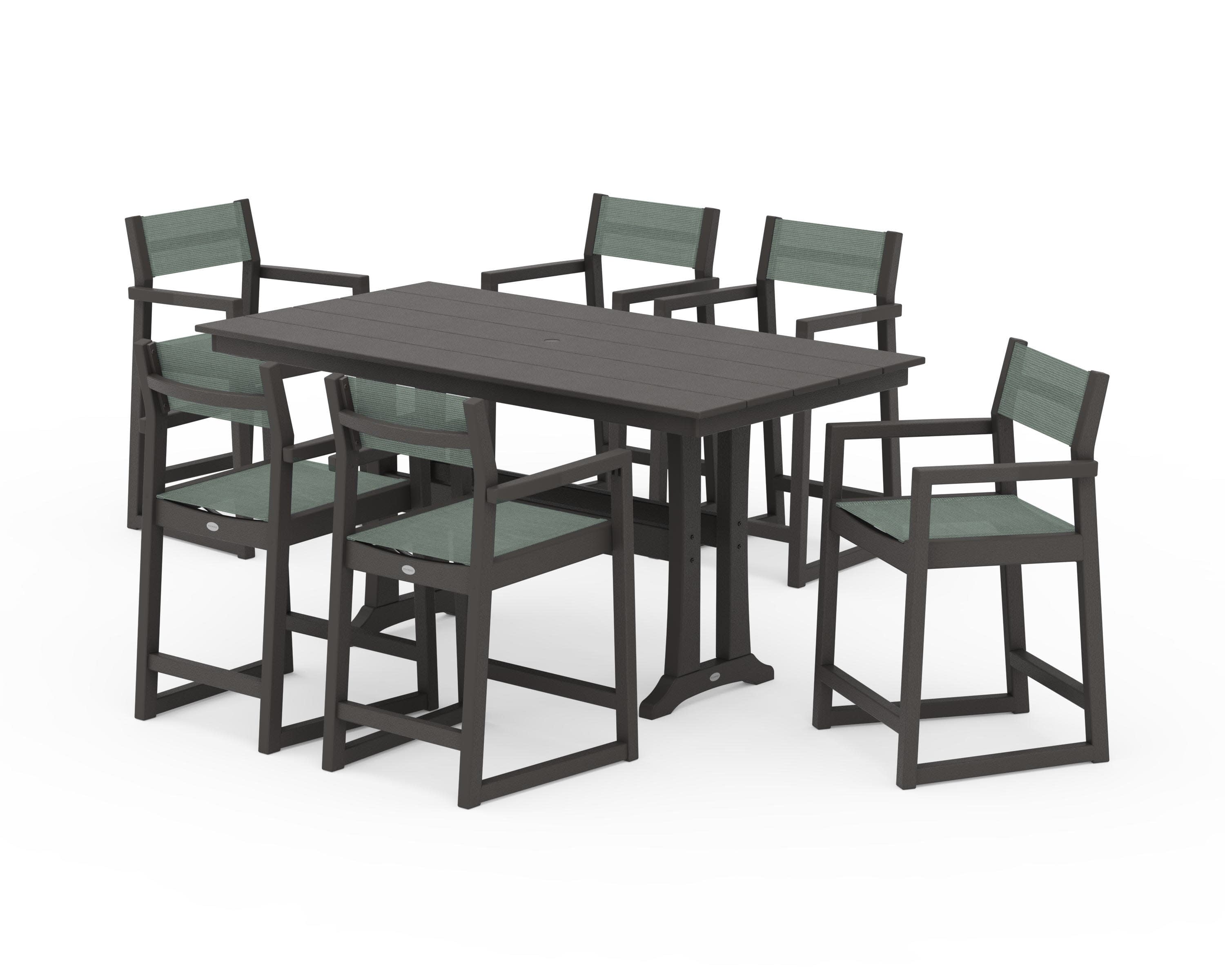 EDGE Sling Arm Chair 7-Piece Farmhouse Counter Set with Trestle Legs in Vintage Coffee / Dupioni Sea Mist Sling