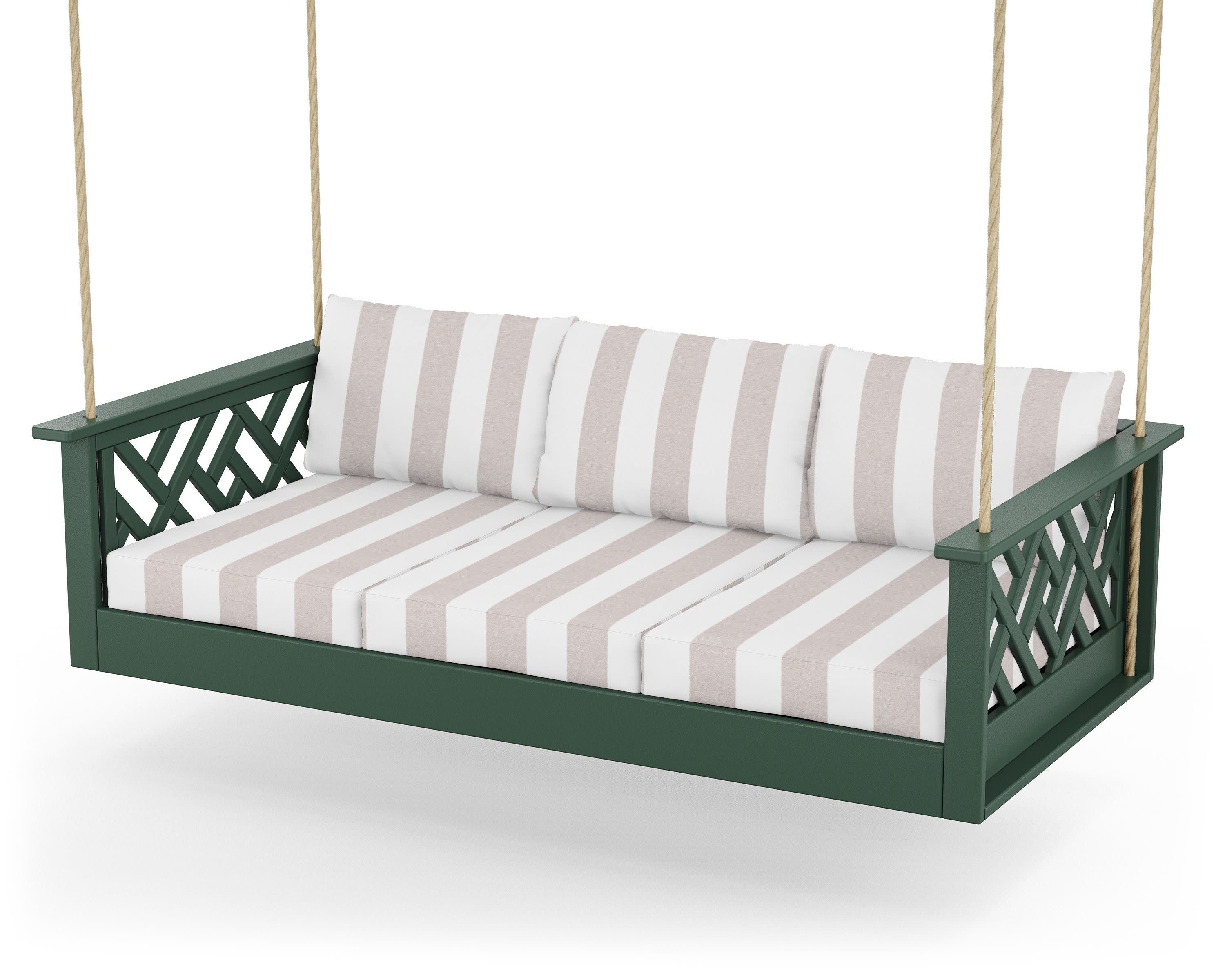 Chippendale Daybed Swing in Green / Cabana Stripe Dune Burlap
