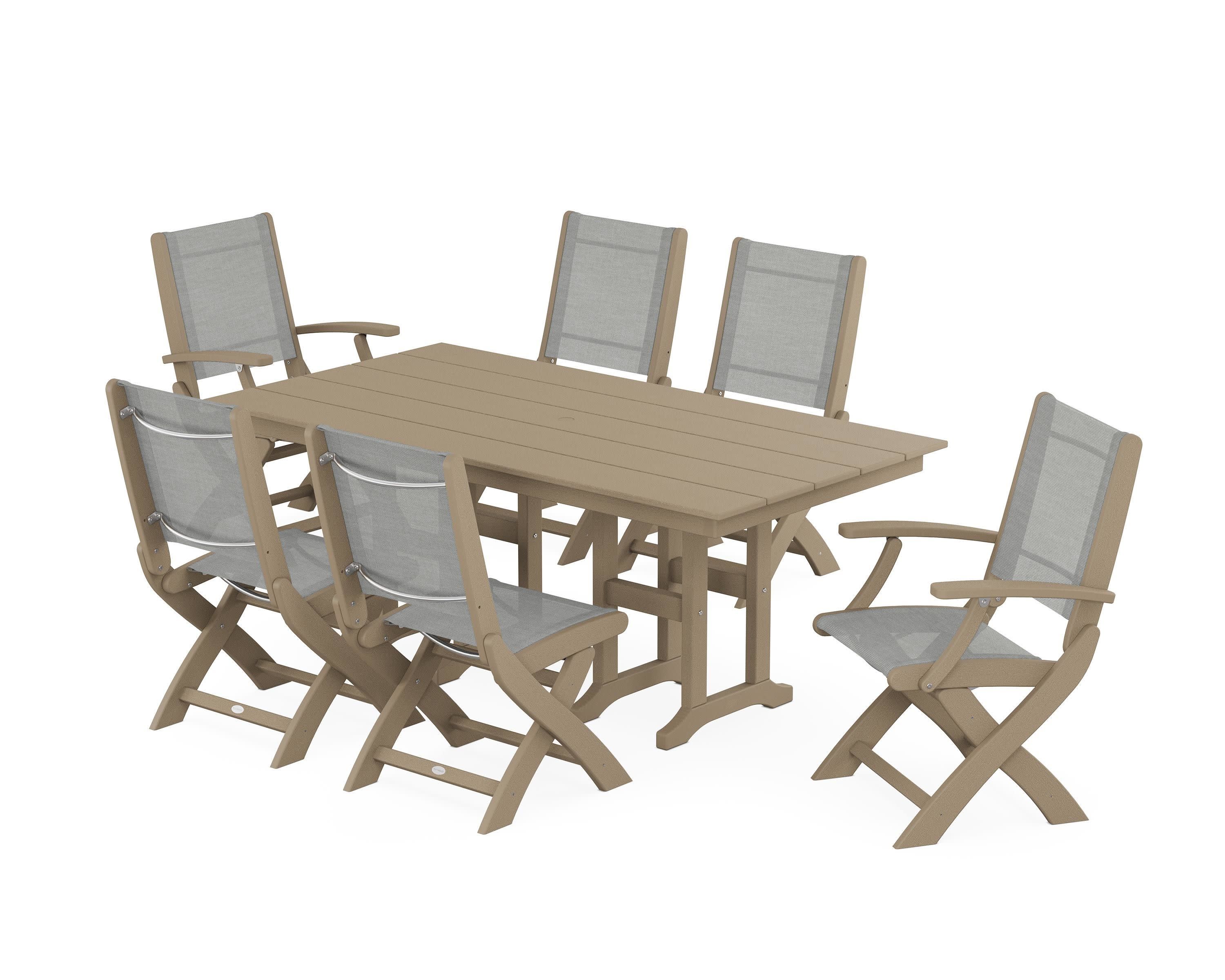 Coastal Folding Chair 7-Piece Farmhouse Dining Set in Vintage Sahara / Metallic Sling