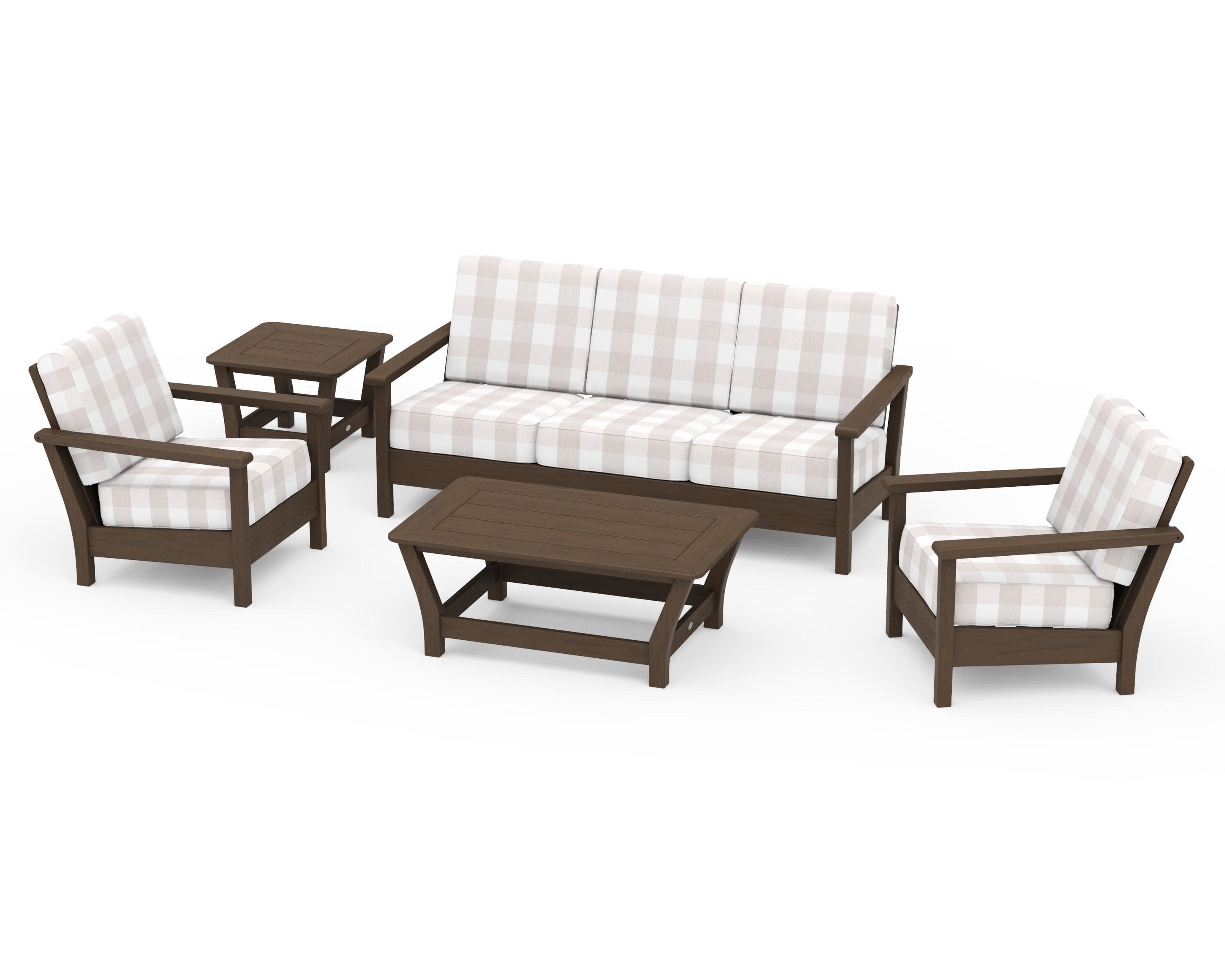 Harbour 5-Piece Deep Seating Set in Kona / Buffalo Plaid Dune Burlap