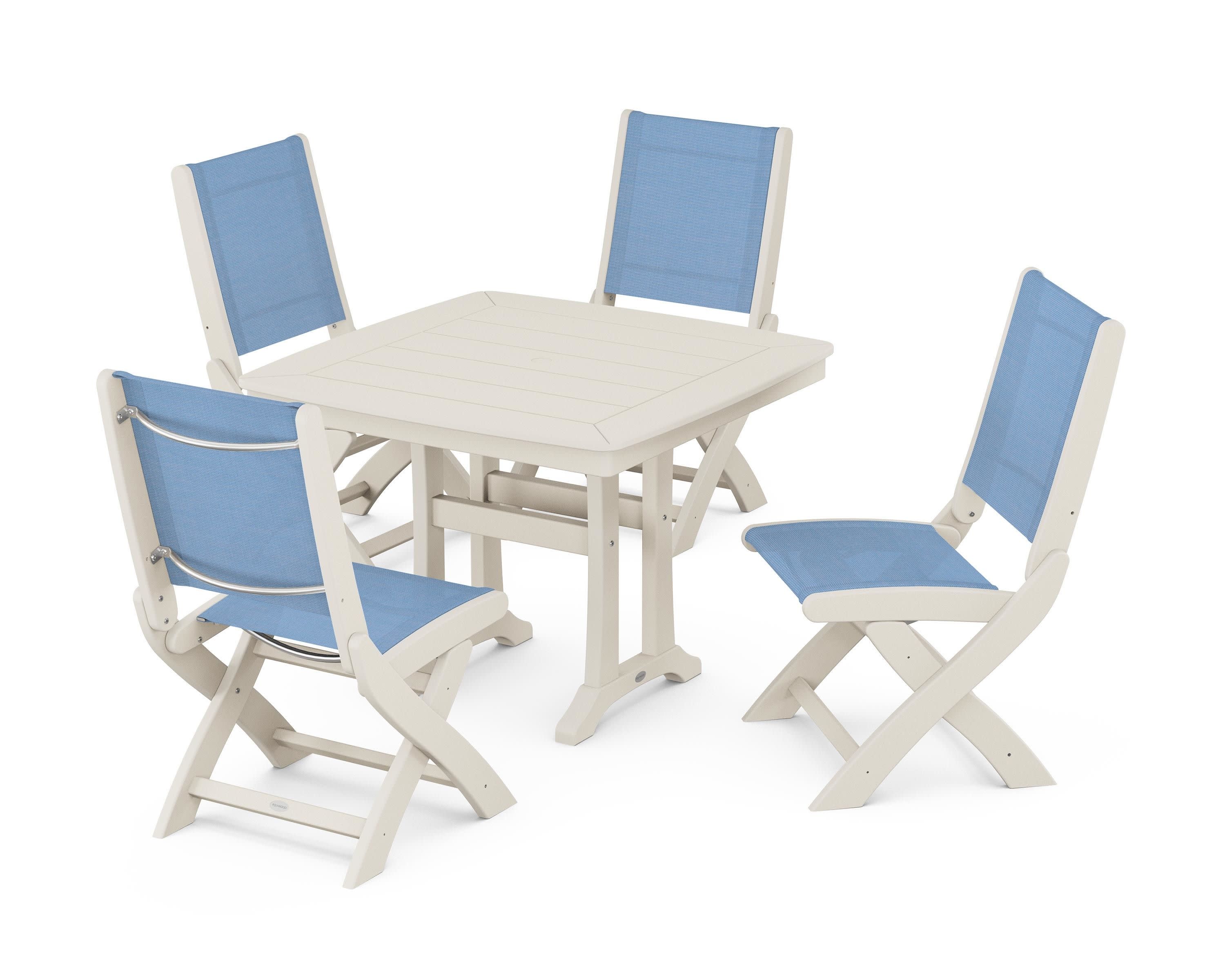 Coastal Folding Side Chair 5-Piece Dining Set with Trestle Legs in Sand / Poolside Sling