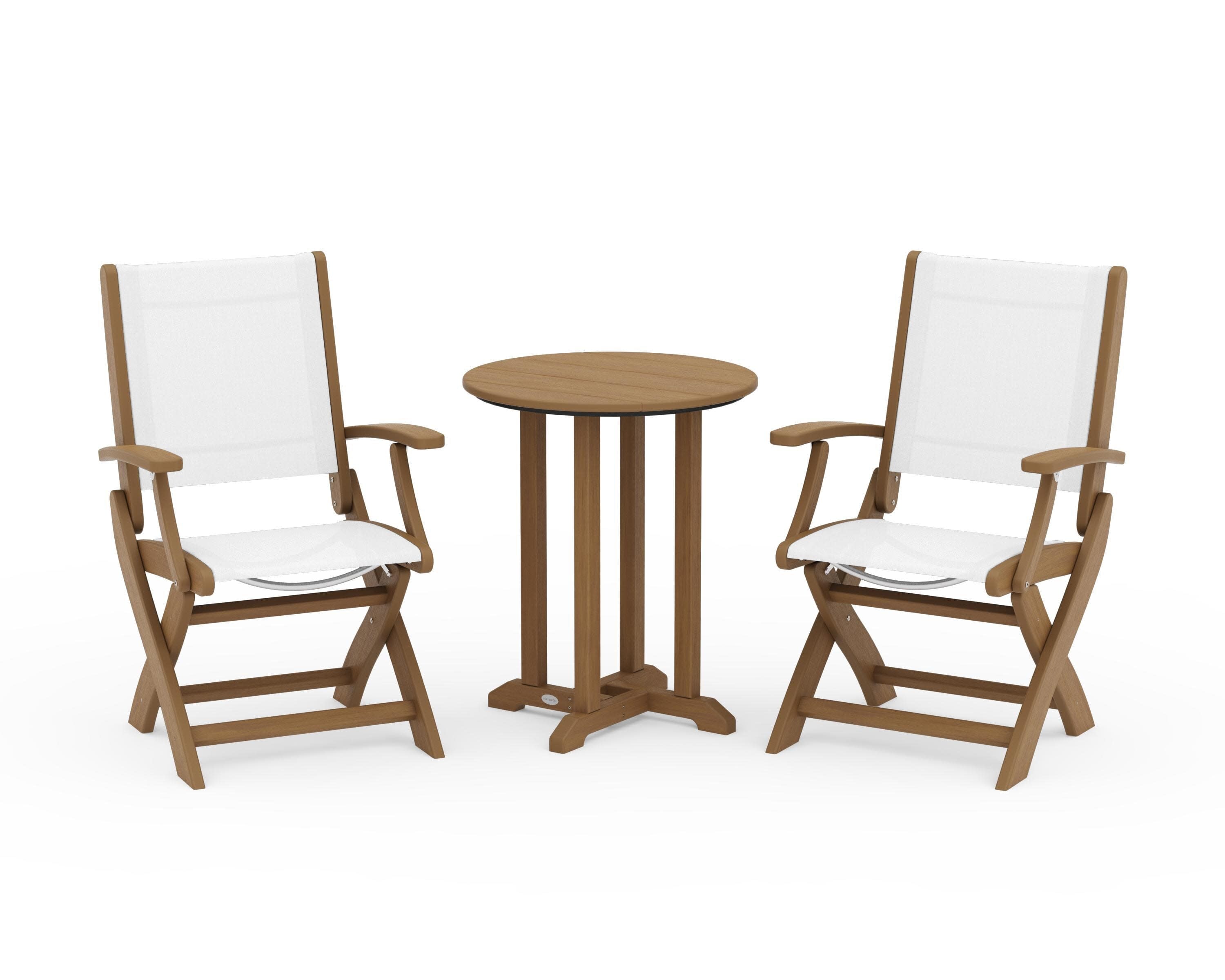 Coastal Folding 3-Piece Round Bistro Dining Set in Natural / White Sling