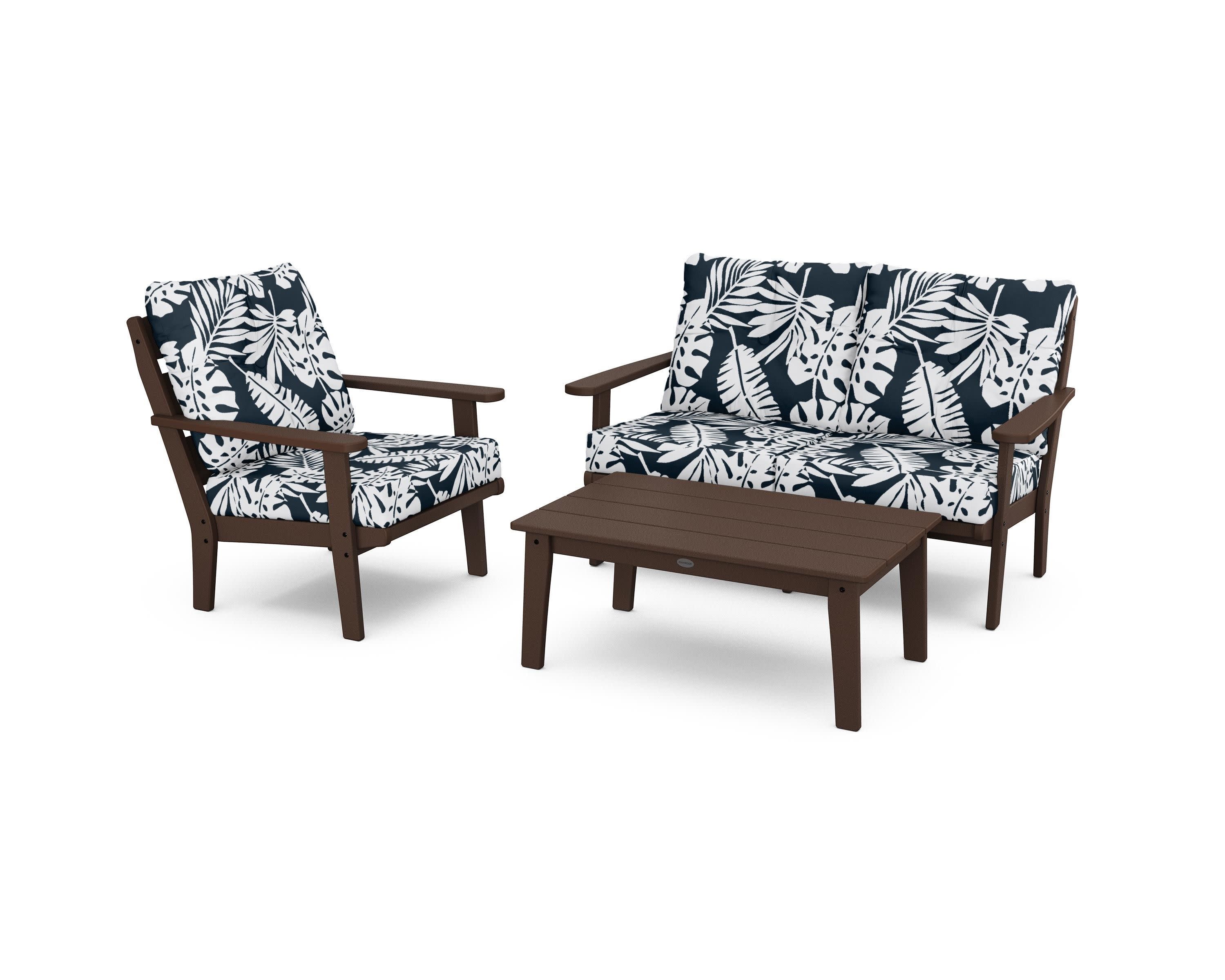 Lakeside 3-Piece Deep Seating Set in Mahogany / Leaf Marine Indigo