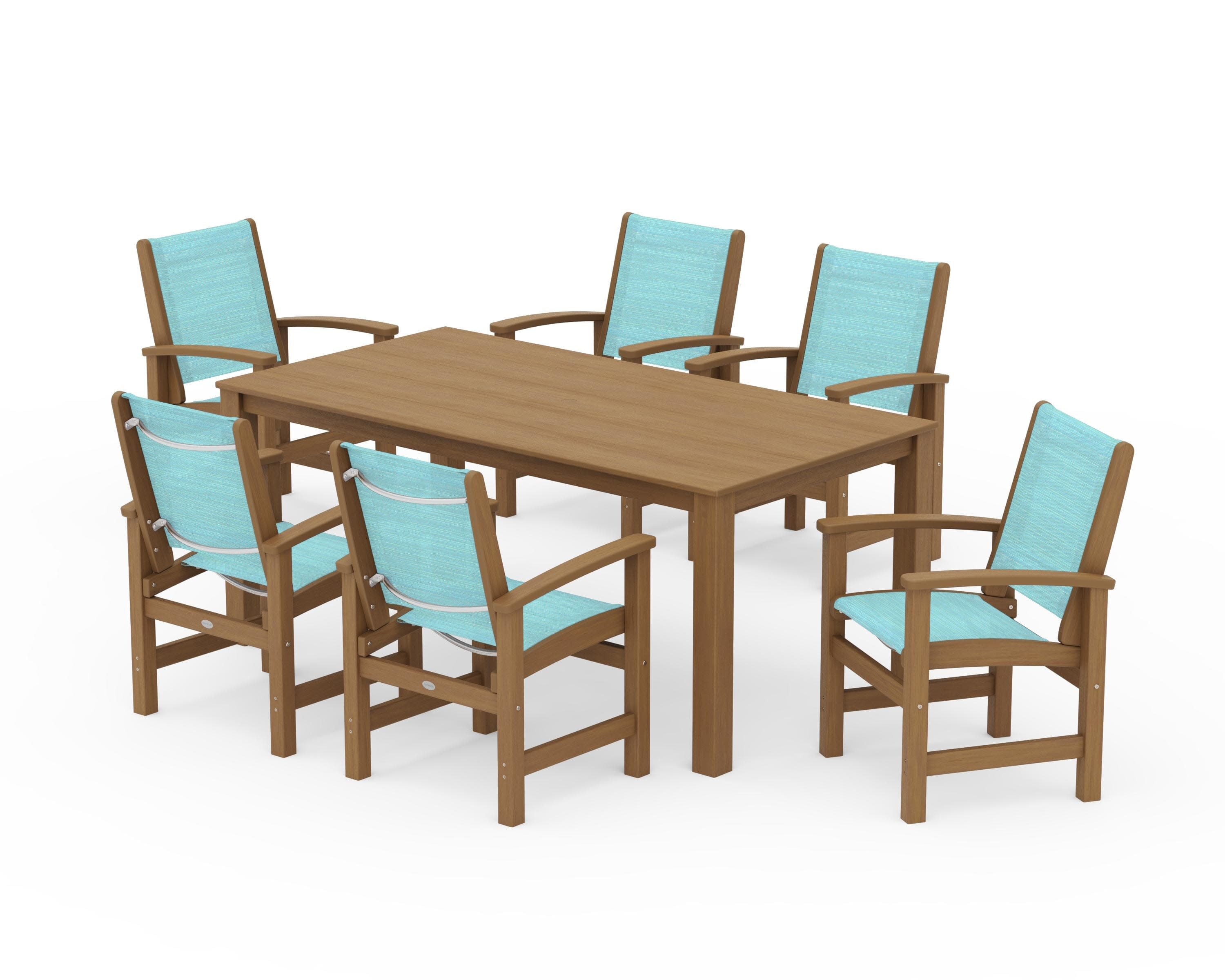 Coastal 7-Piece Parsons Dining Set in Natural / Dupioni Aquamarine Sling