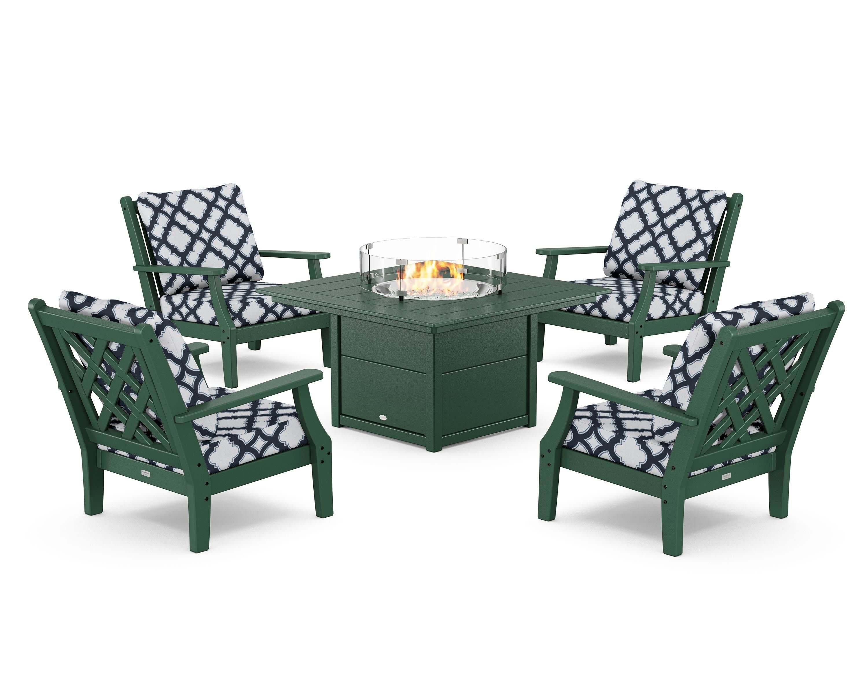 Wovendale 5-Piece Deep Seating Set with Fire Pit Table in Green / Trellis Marine Indigo