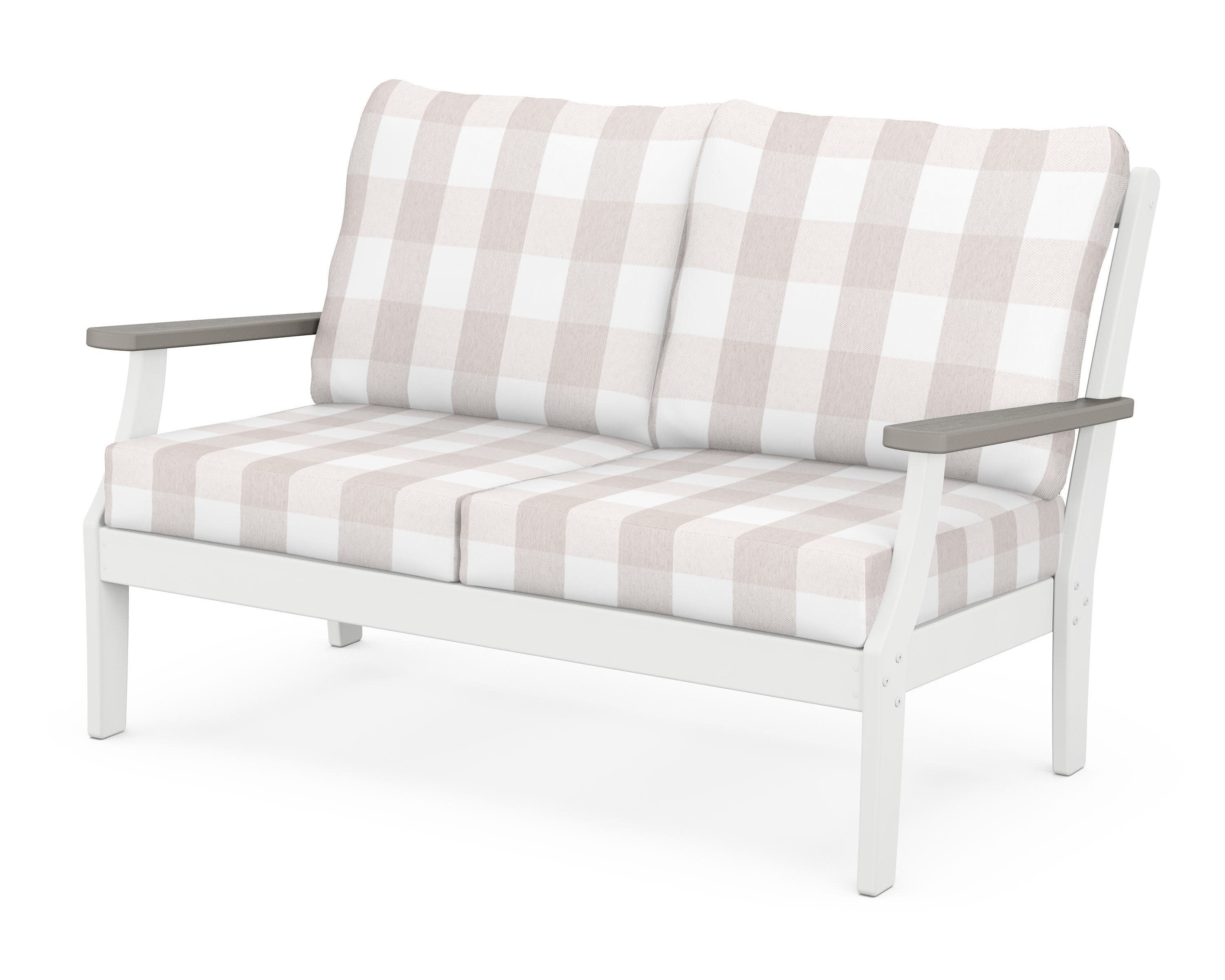 Braxton Deep Seating Loveseat in White / Driftwood / Buffalo Plaid Dune Burlap