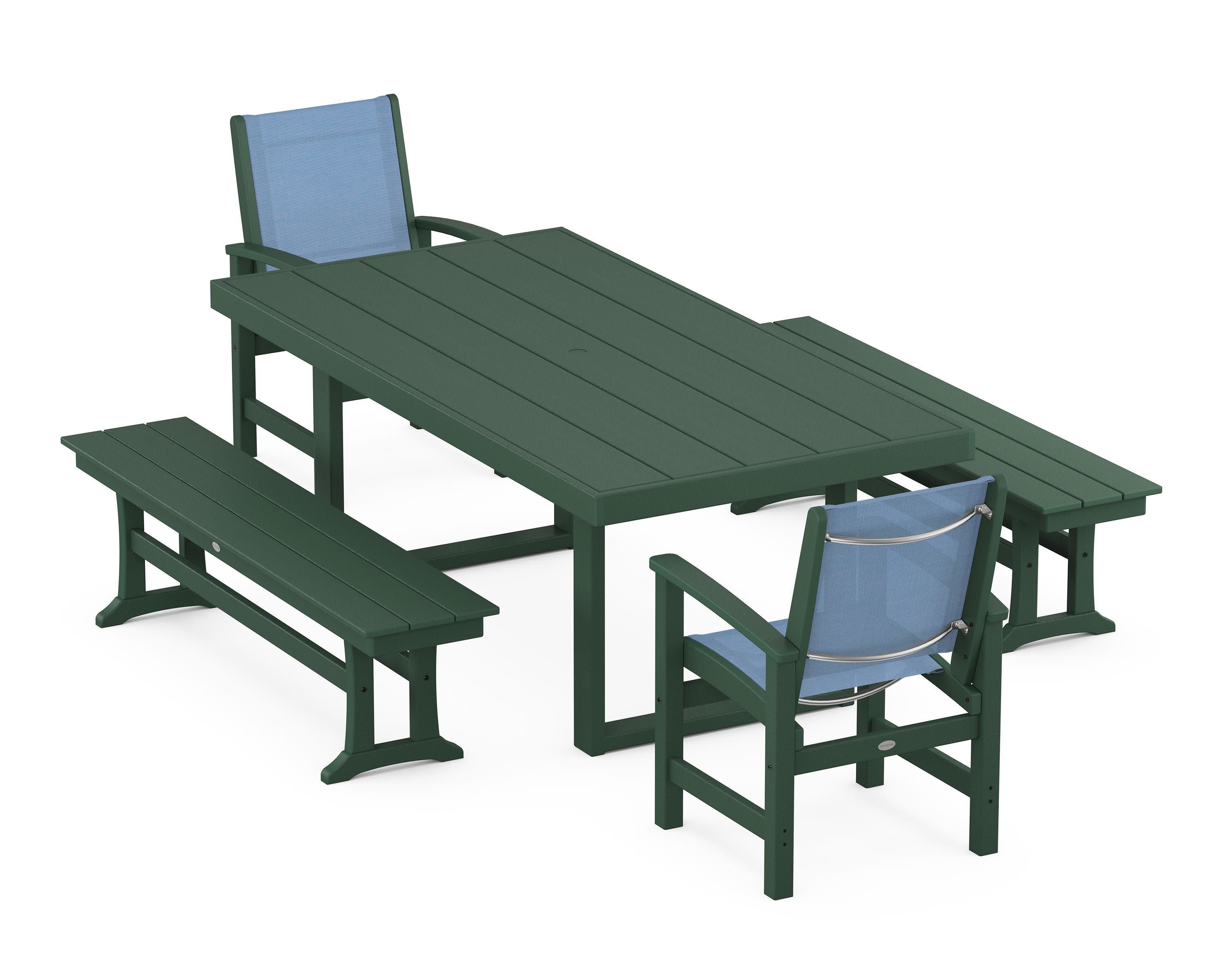 Coastal 5-Piece Dining Set with Trestle Legs in Green / Poolside Sling