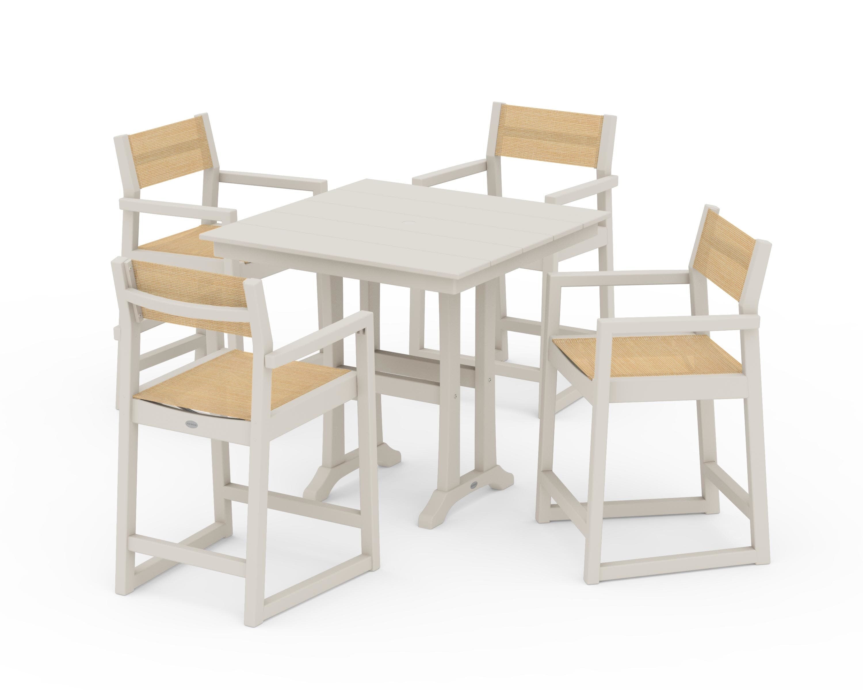 EDGE Sling Arm Chair 5-Piece Farmhouse Counter Set with Trestle Legs in Sand / Dupioni Apricot Sling