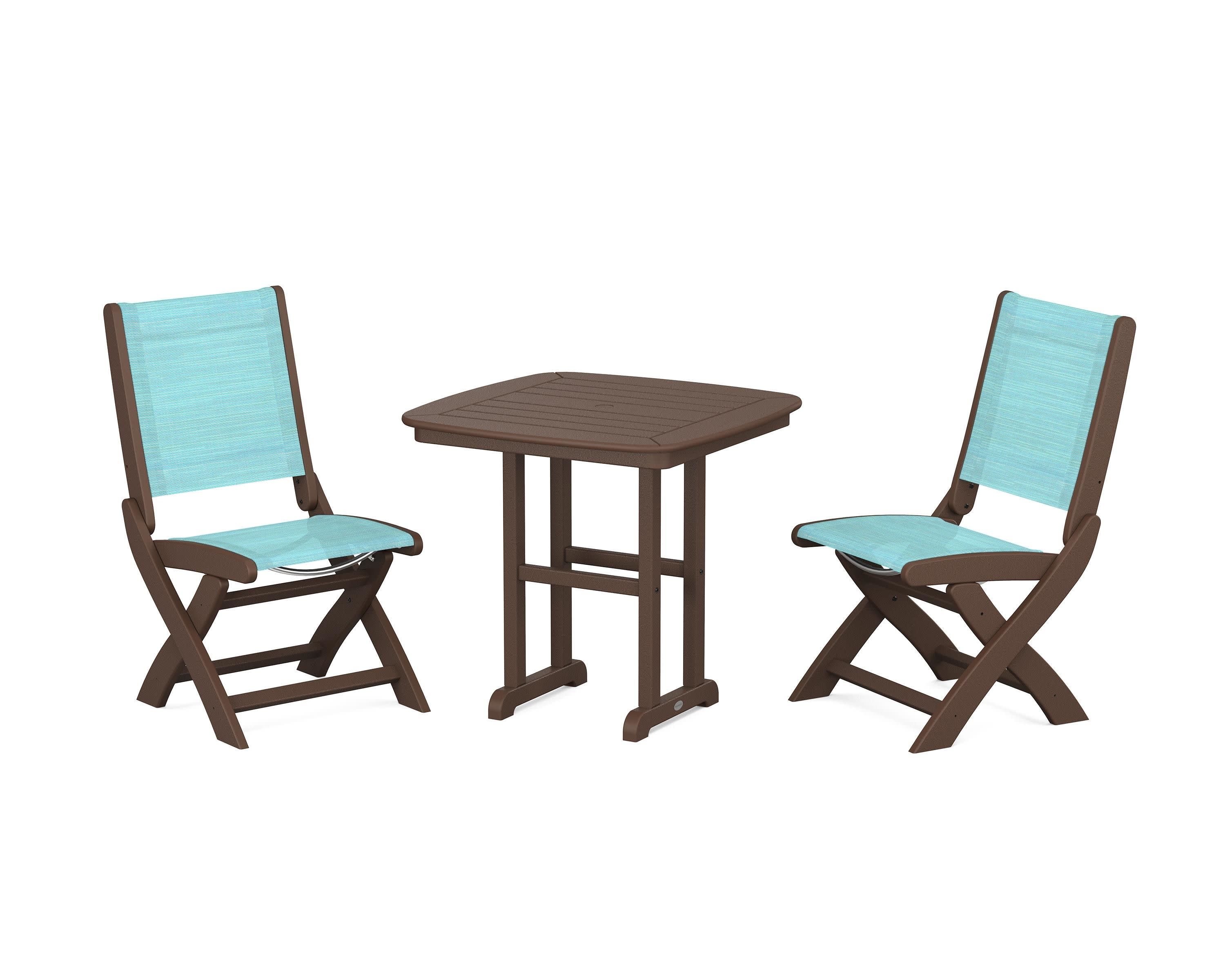 Coastal Folding Side Chair 3-Piece Dining Set in Mahogany / Dupioni Aquamarine Sling