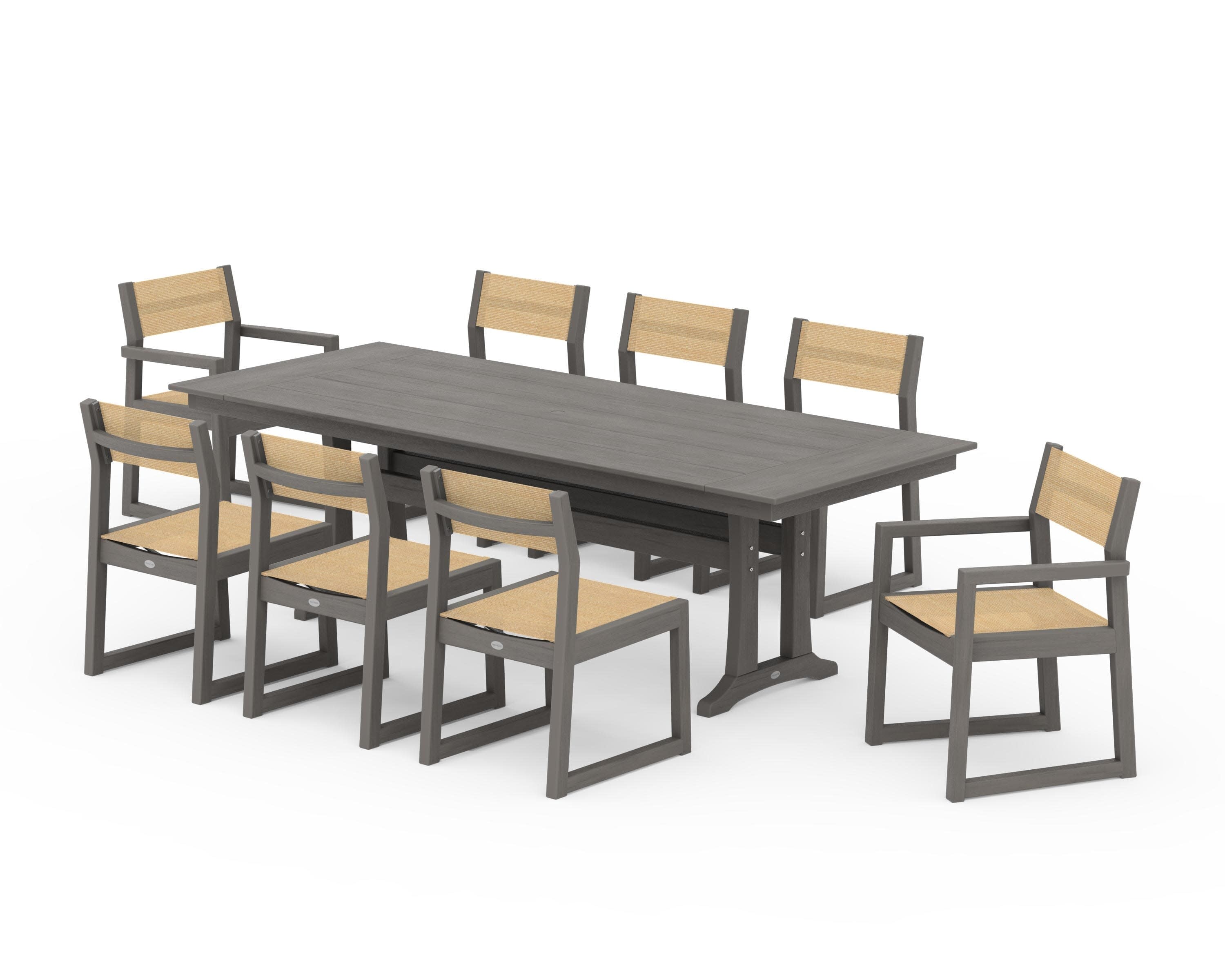 EDGE Sling 9-Piece Farmhouse Trestle Dining Set in Driftwood / Dupioni Apricot Sling