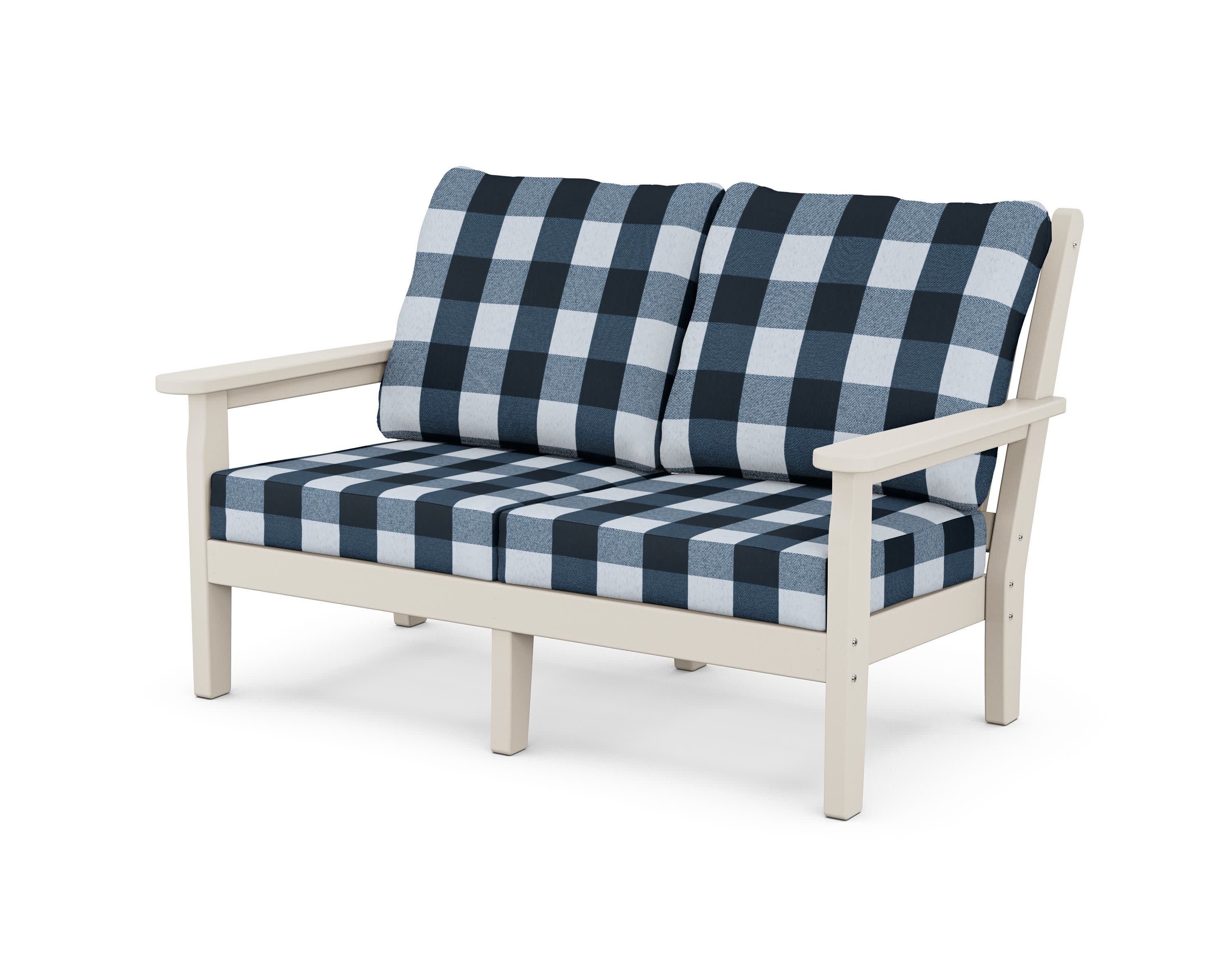 Chippendale Deep Seating Loveseat in Sand / Buffalo Plaid Marine Indigo